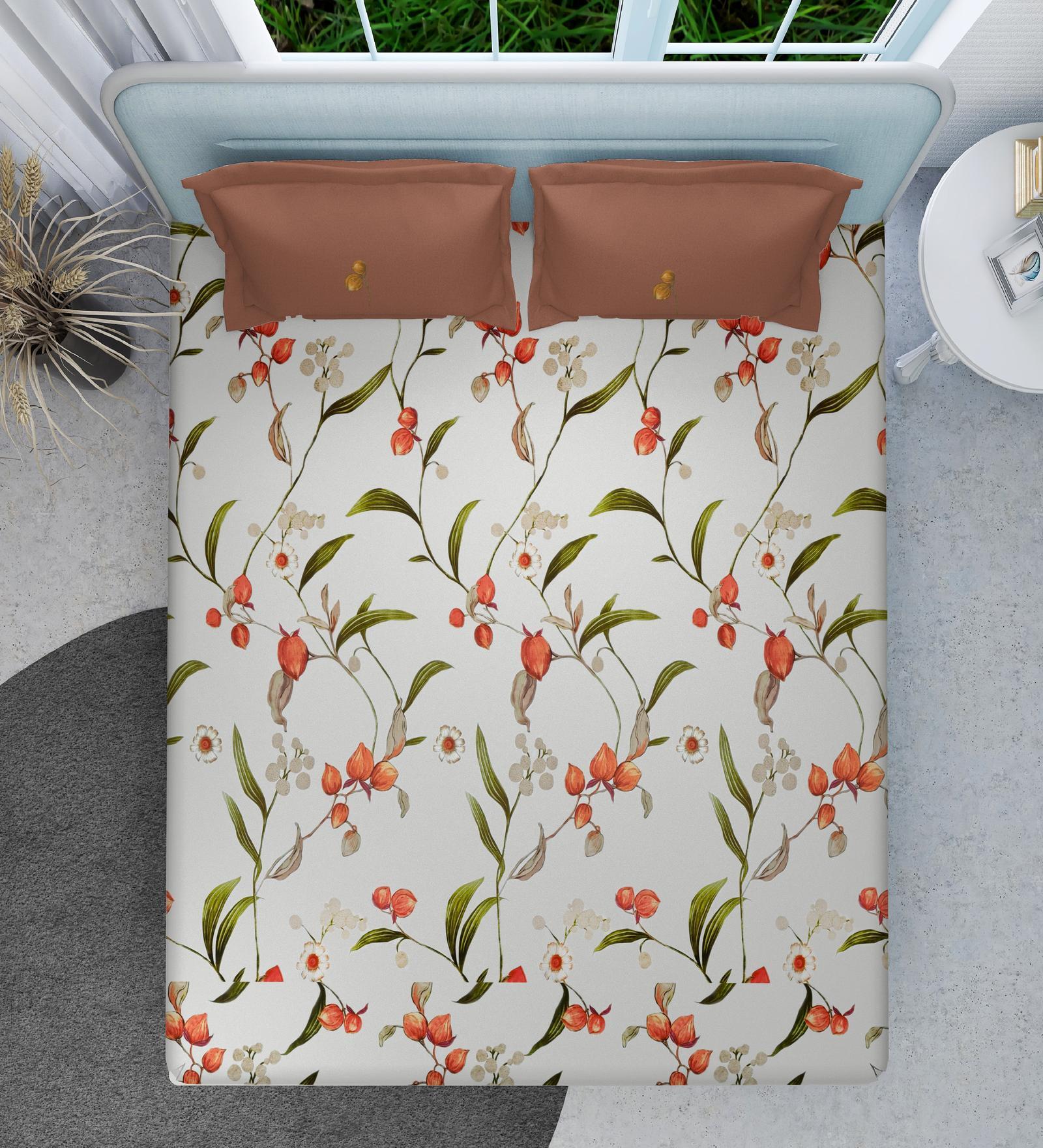 Red Floral 160 TC Microfiber Queen Sized Double Bedsheet with 2 Pillow Covers Cherry Blossom Collection