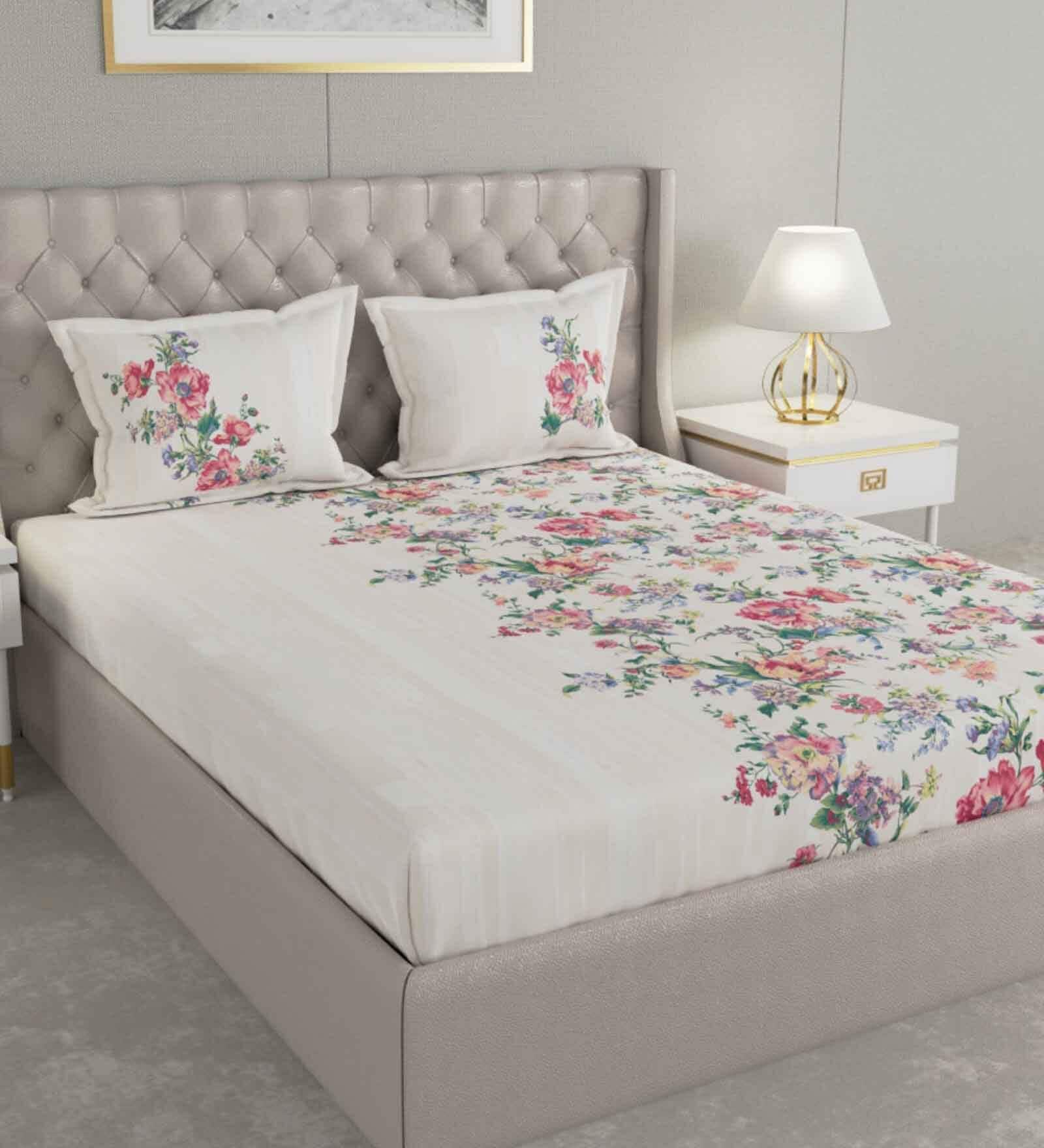 Red Floral 180 TC Cotton King Sized Bed Sheets with 2 Pillow Covers