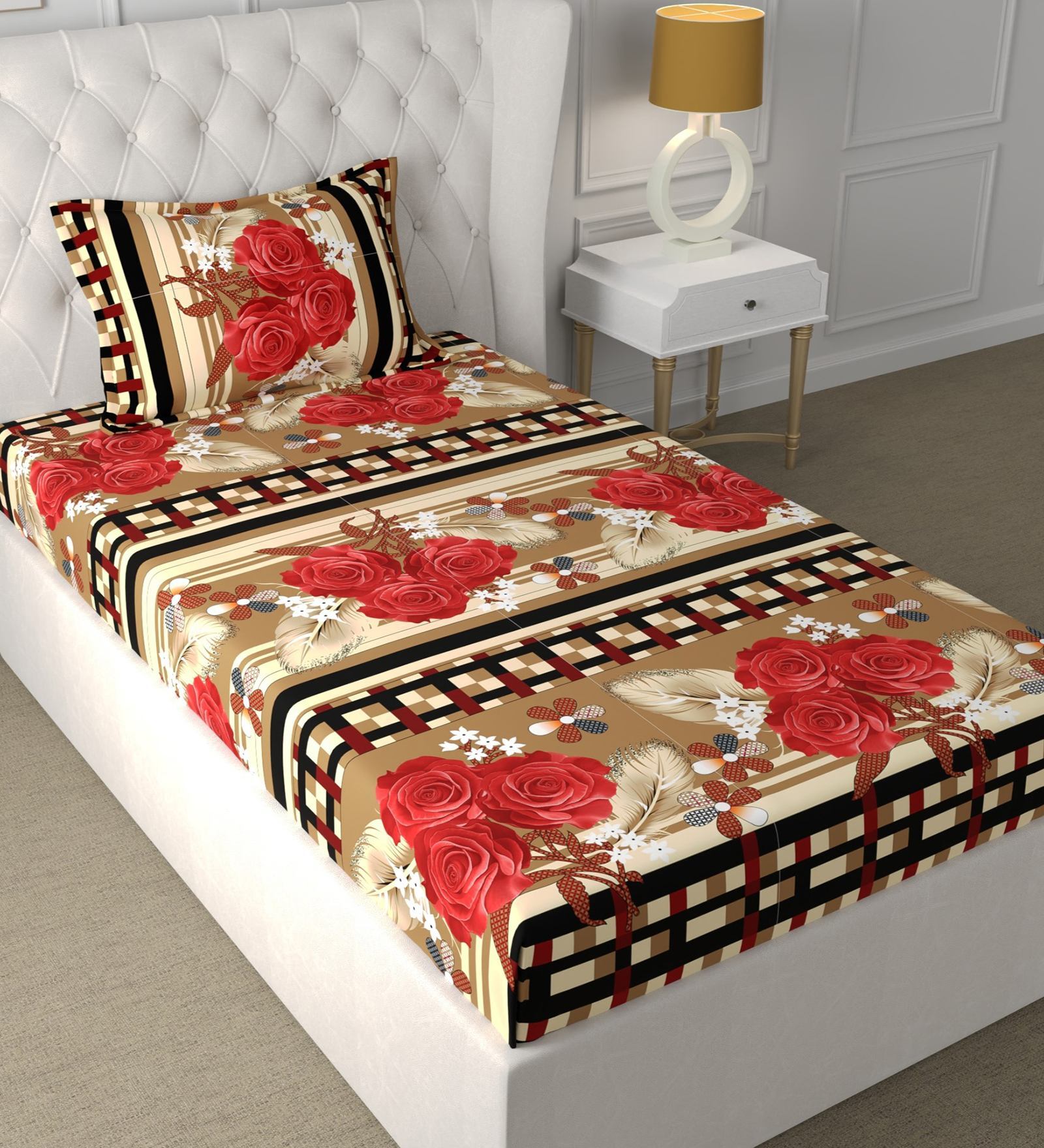 Red Floral 180 TC Microfiber Single Bedsheet With 1 Pillow Cover