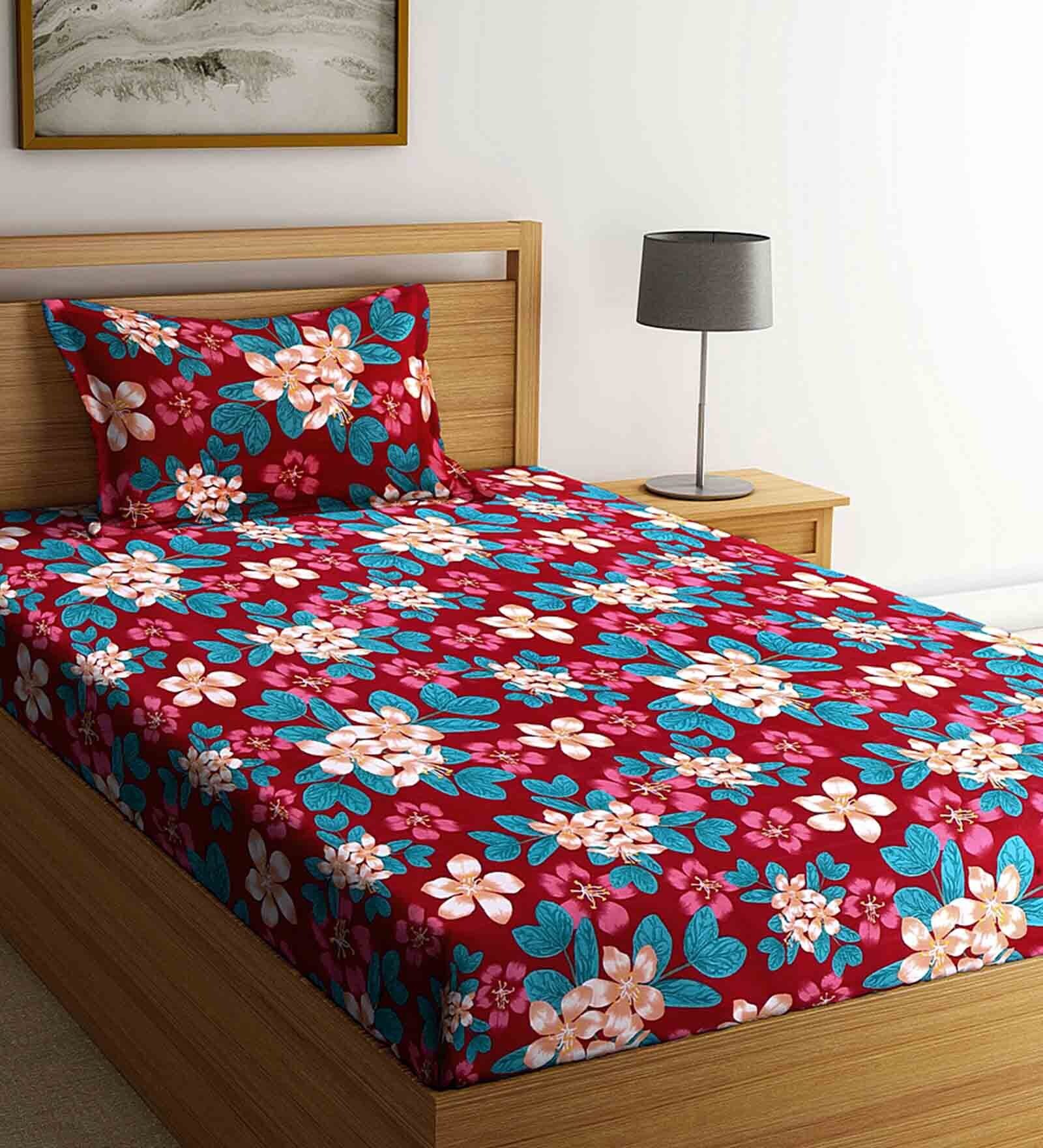 Red Floral 300 TC Cotton 1 Single Size Bedsheet With 1 Pillow Cover