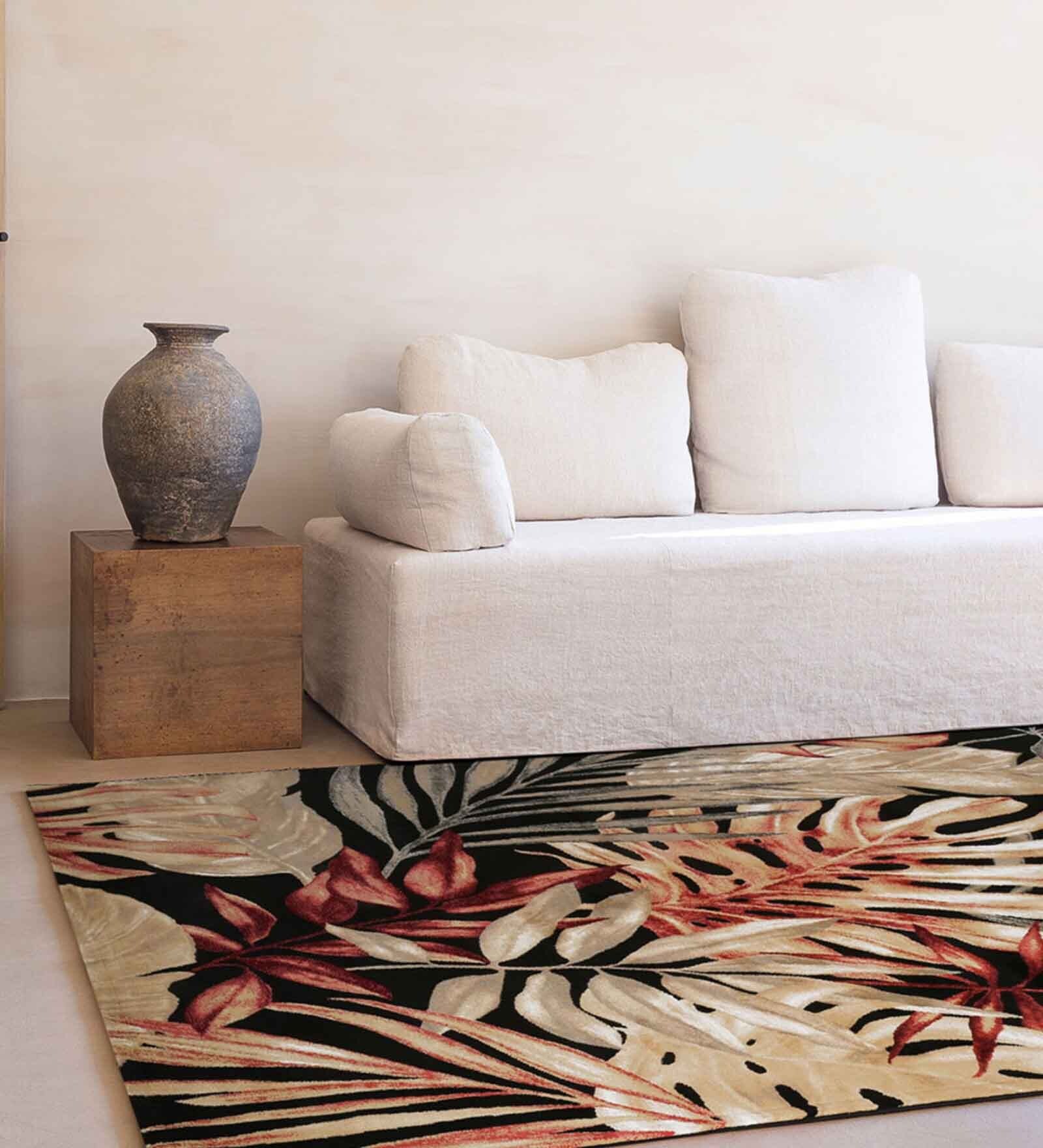 Red Floral Blended Linen 3 ft x 5 ft Machine Made Carpet