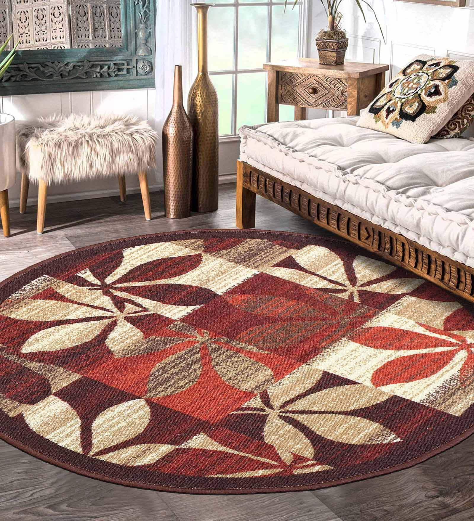 Red Floral Polyester 2.5 ft x 2.5 ft Machine Made Round Carpet