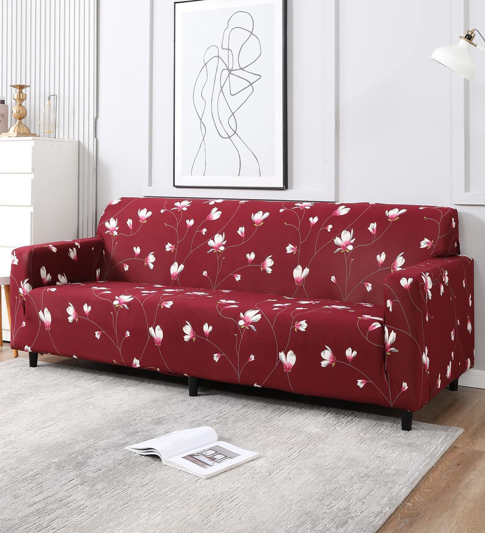Red Floral Polyester 4 Seater Sofa Cover