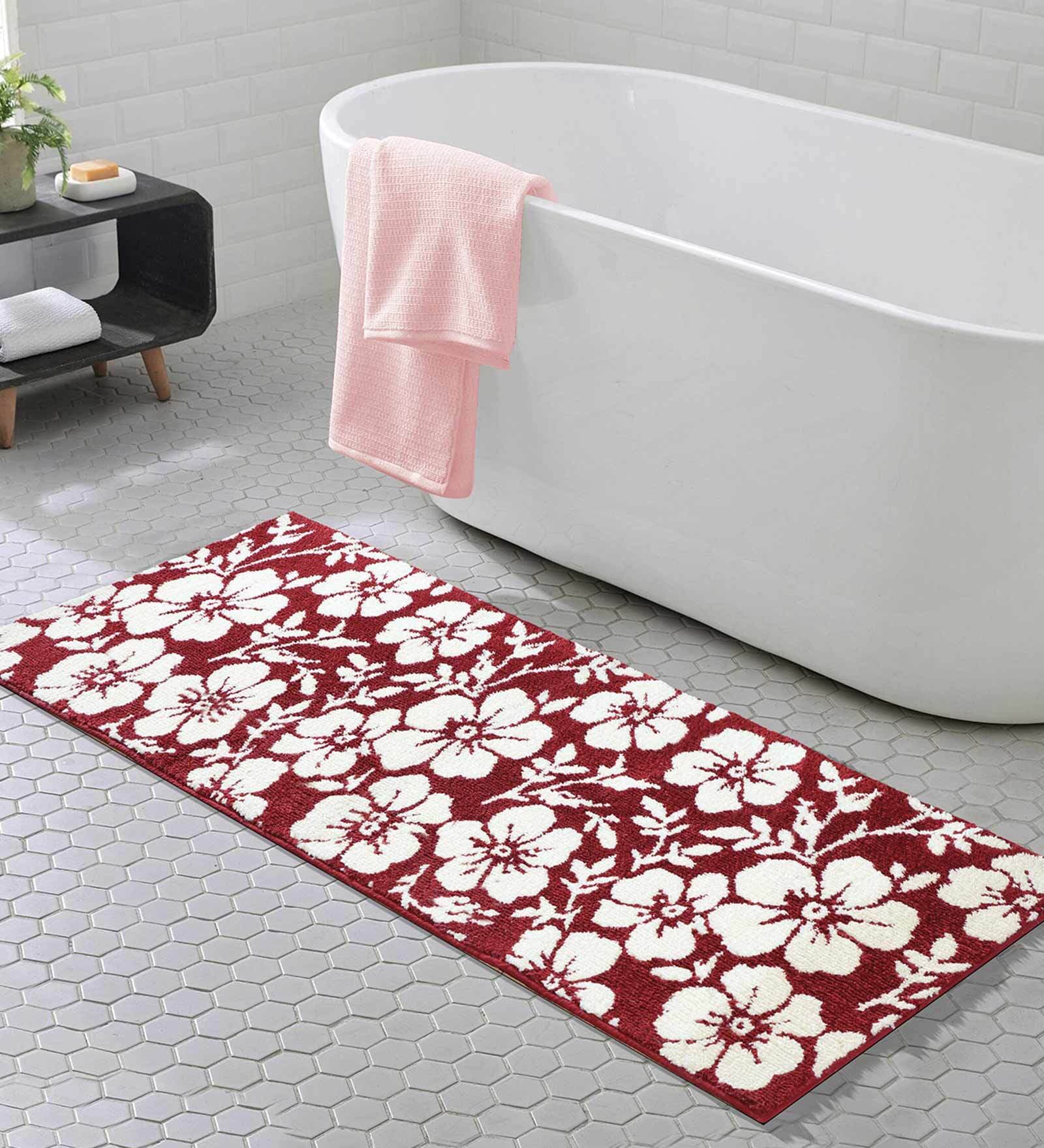 Red Floral Polyester AntiSkid Bathmat