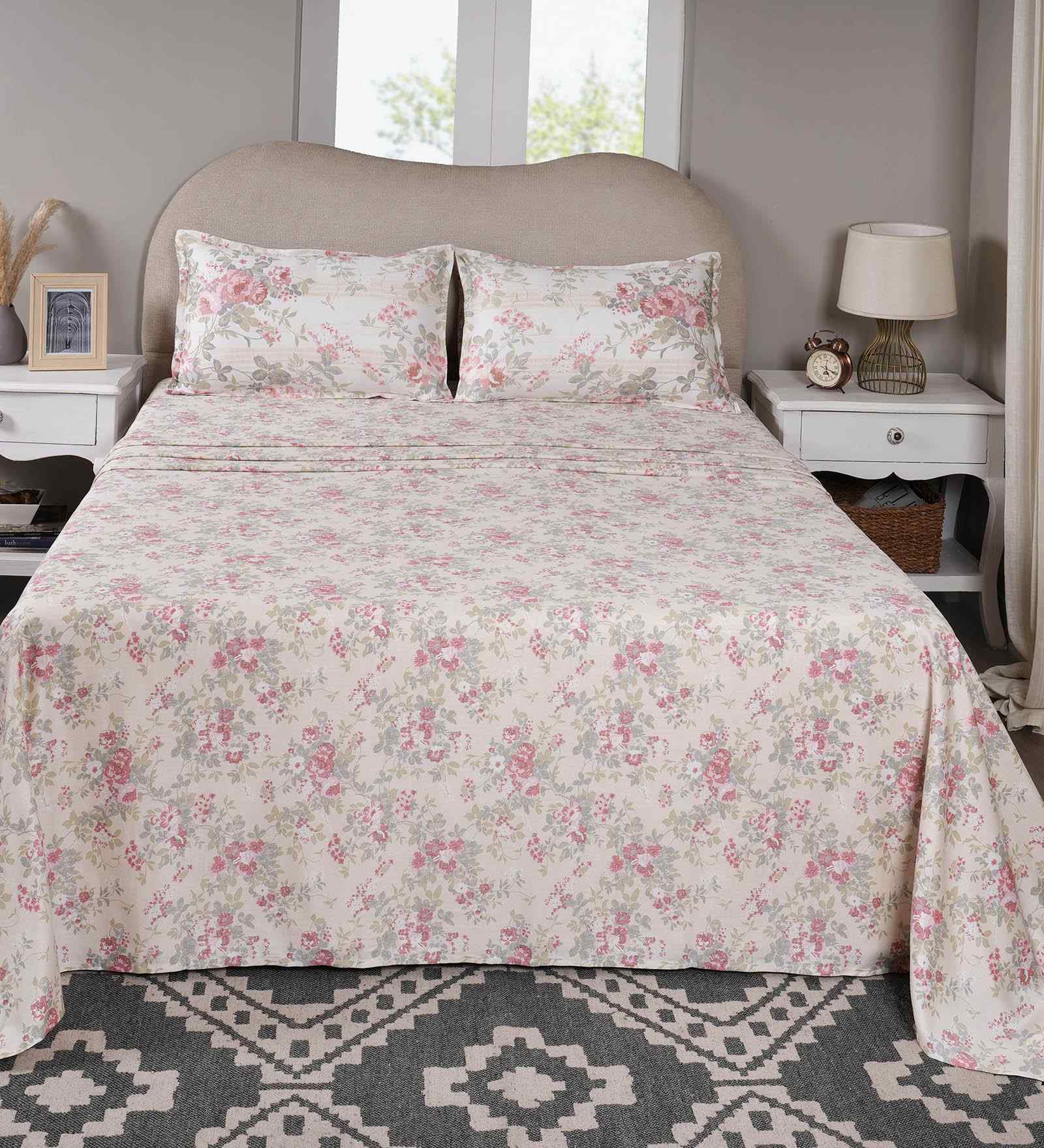 Red Floral Print 300 TC Cotton King Size Bed Sheet with 2 Pillow Covers Sensory Bloom Collection