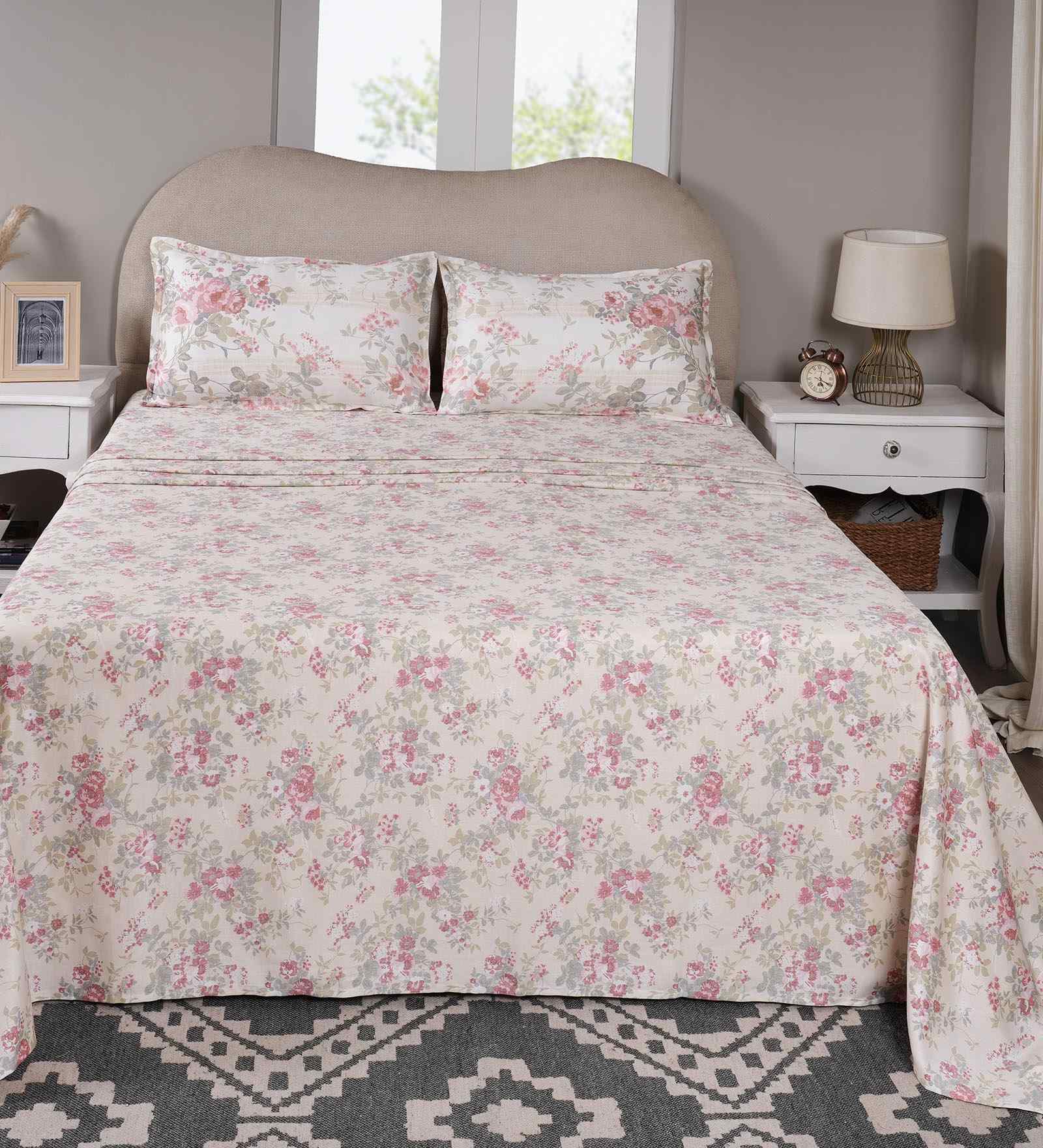 Red Floral Print 300 TC Cotton Single Bed Sheet with 1 Pillow Cover Sensory Bloom Collection