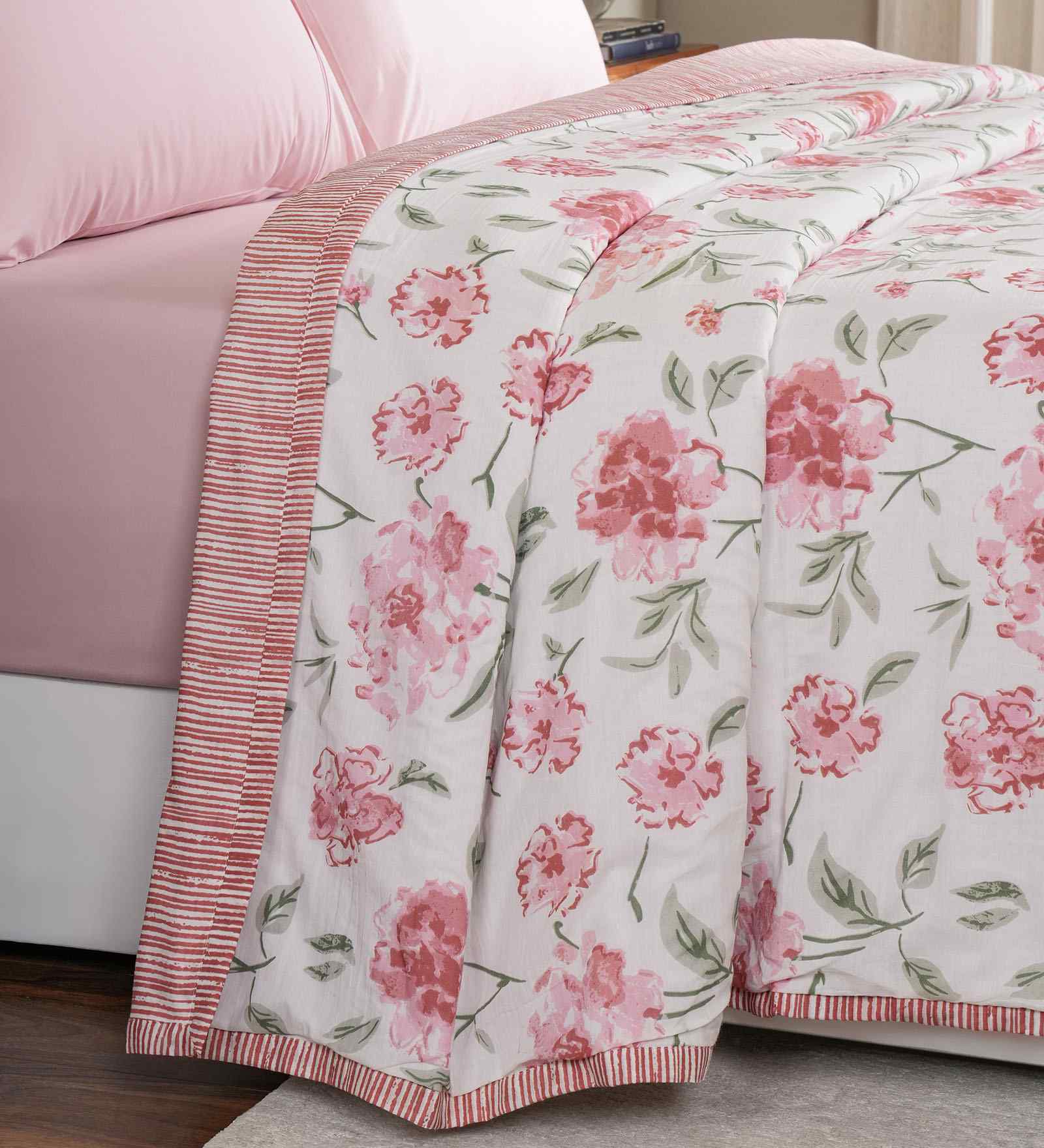 Red Floral Print Cotton Double Bed Dohar