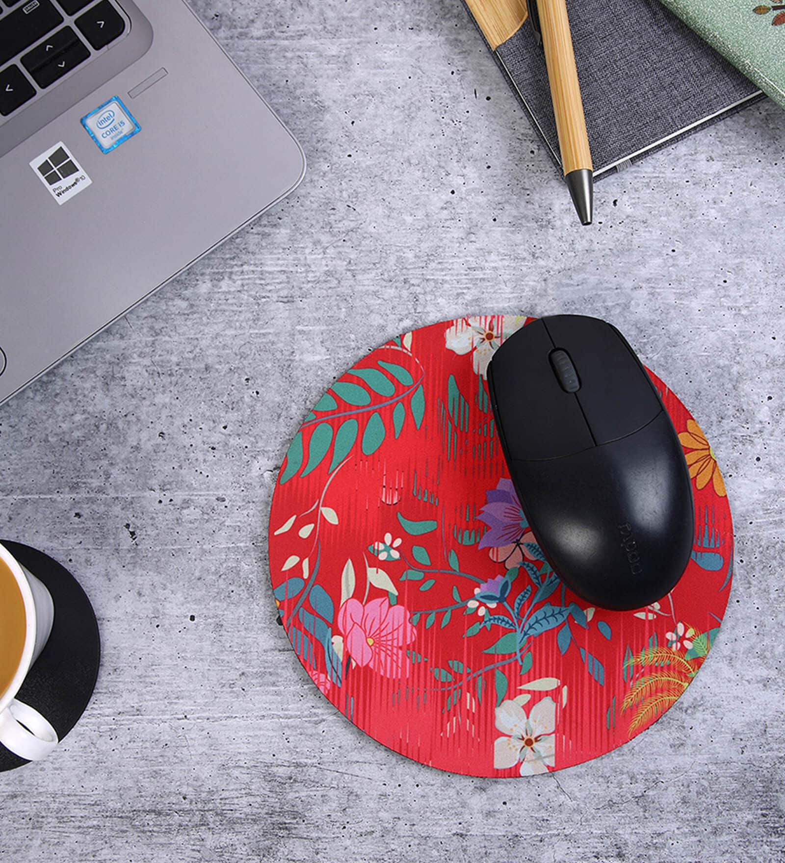 Red Floral Printed Round Mousepad