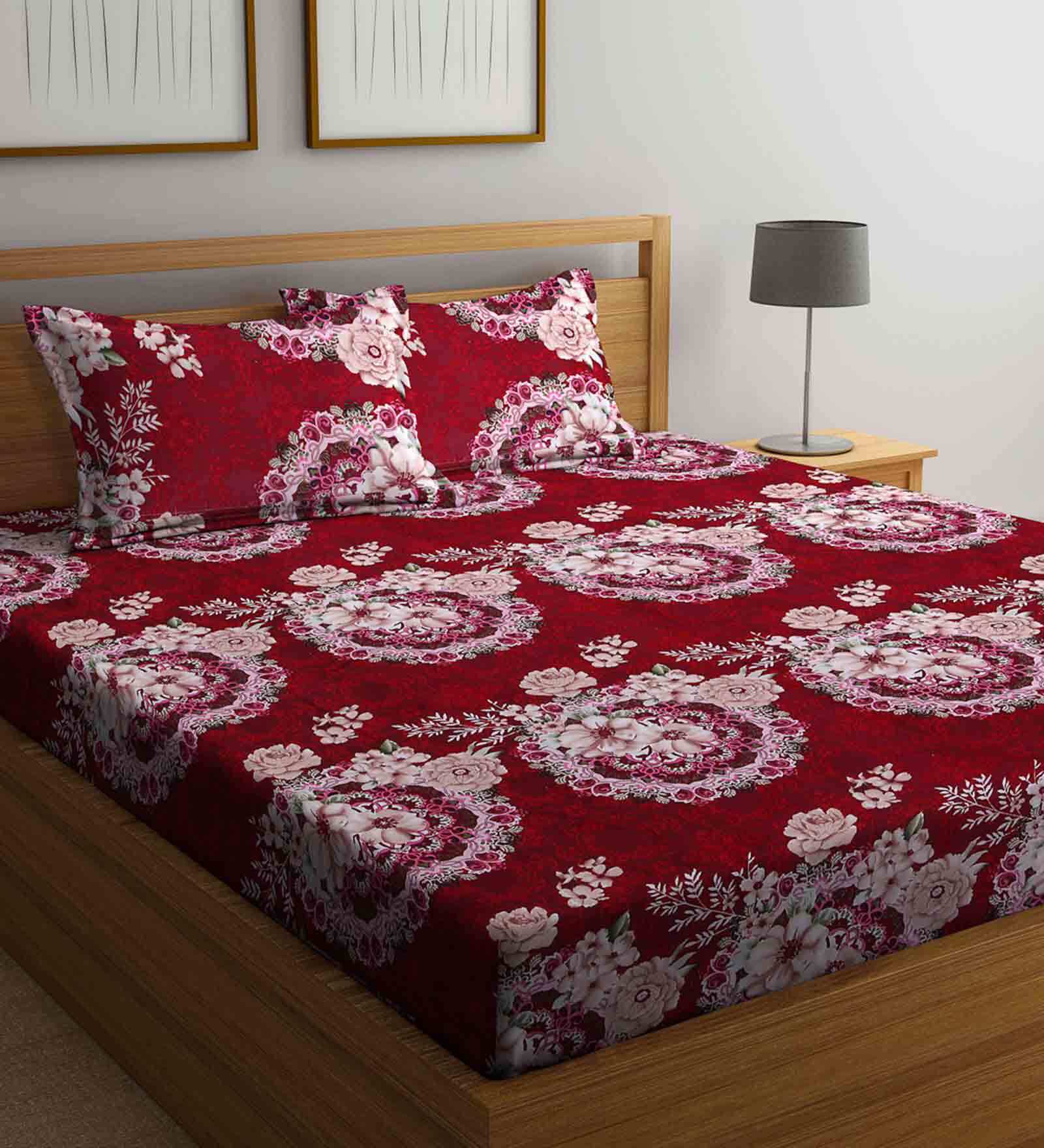 Buy Red Floral 210 TC Poly Cotton Queen Sized Bed Sheets with 2 Pillow