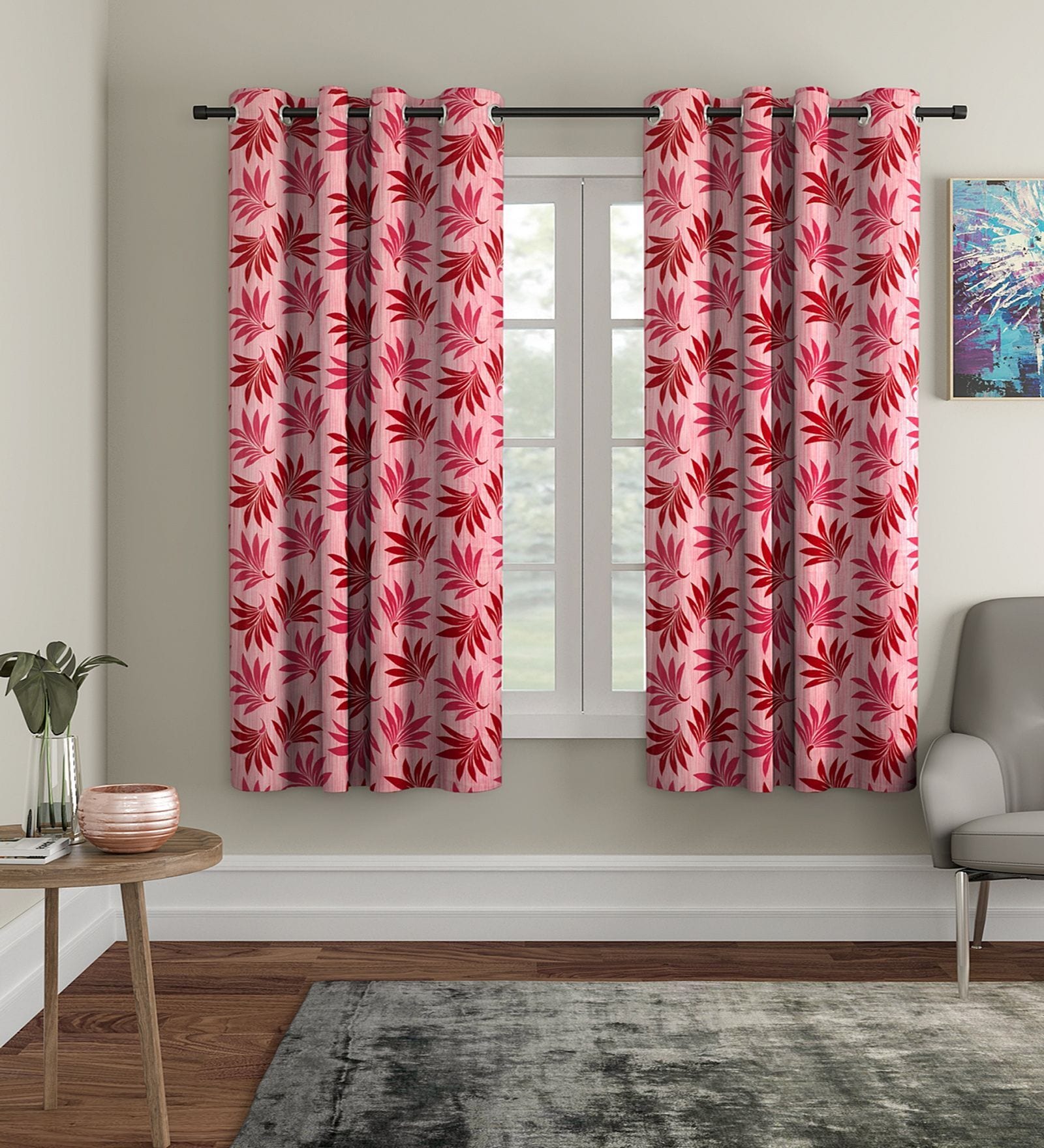 Red Floral Polyester 5Ft Semisheer Eyelet Window Curtains (Set Of 2)
