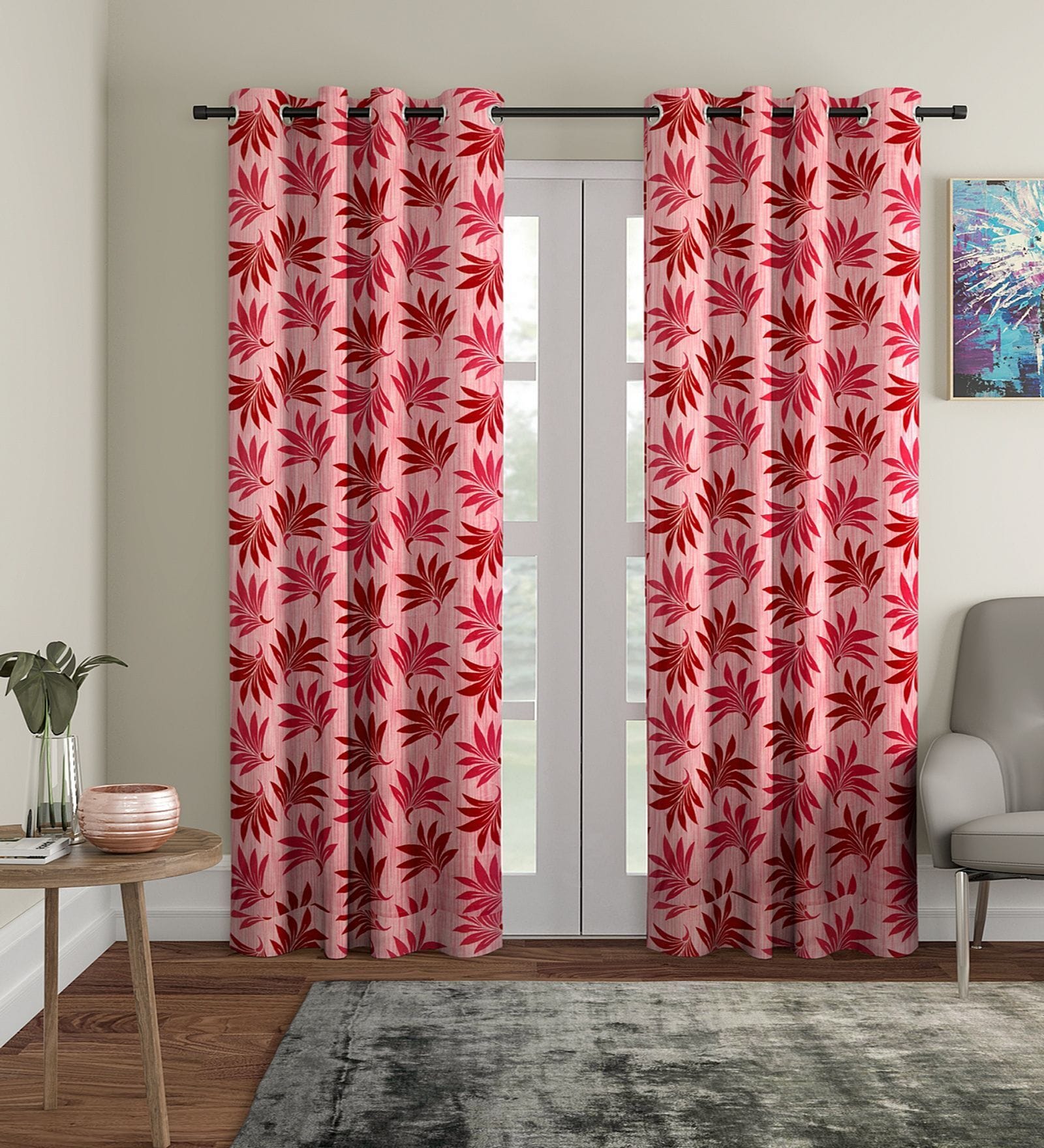 Red Floral Polyester 9Ft Semisheer Eyelet Door Curtains (Set Of 2)