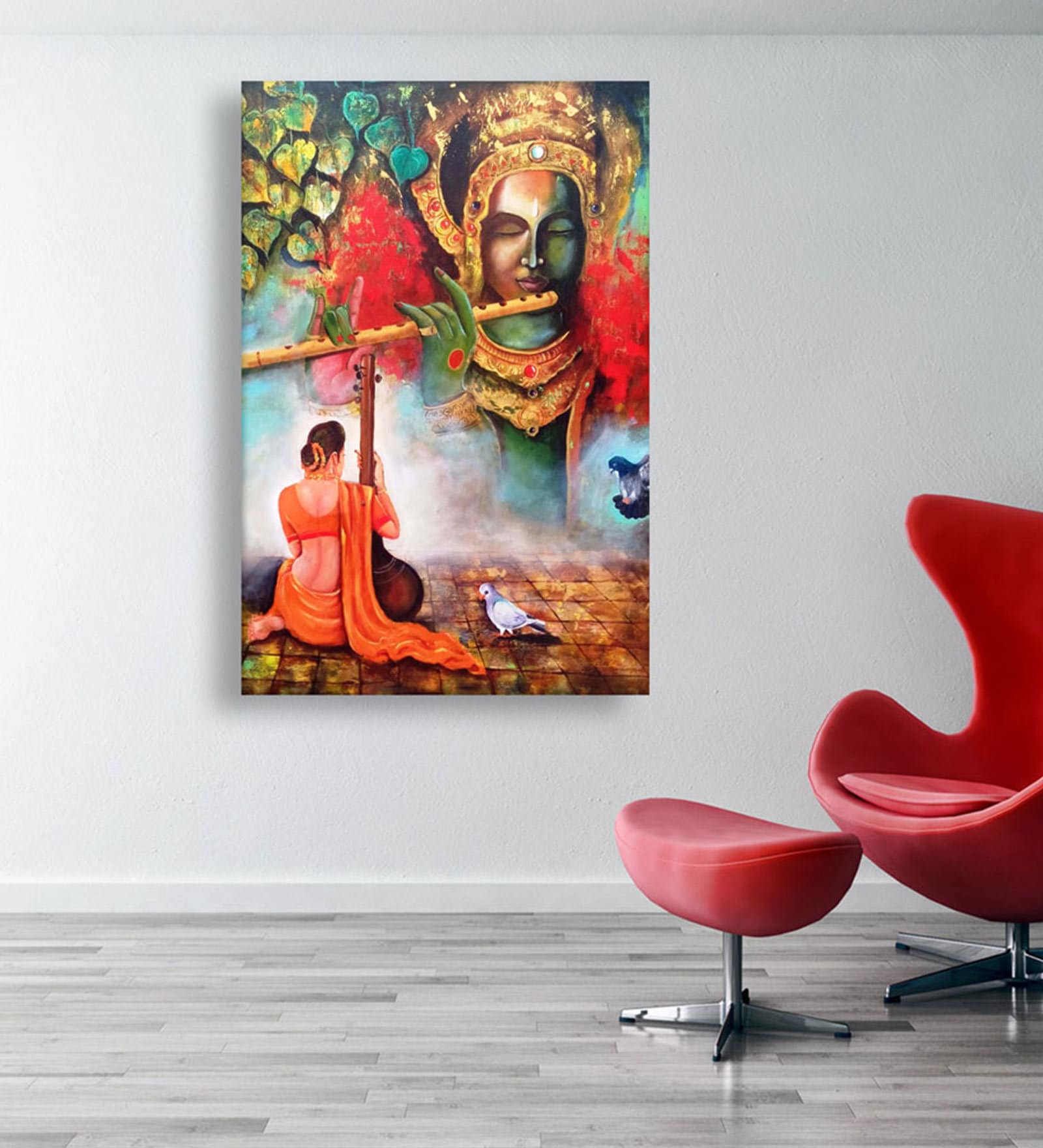 krishna With Flute In Red Canvas Framed Art Print (33 x 21 Inches)