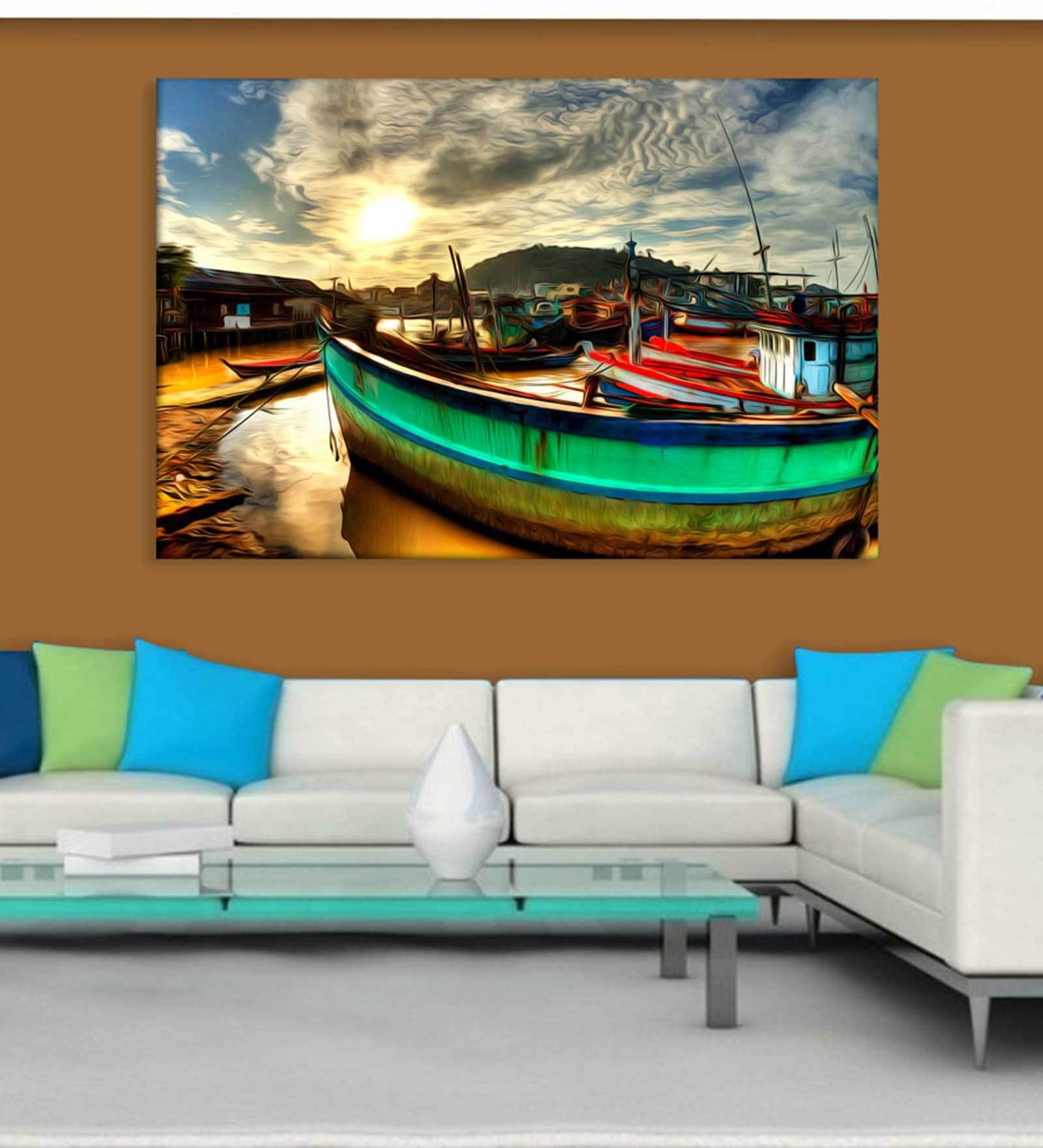 Empty Boat In Multicolor Canvas Framed Art Print (33 x 21 Inches)