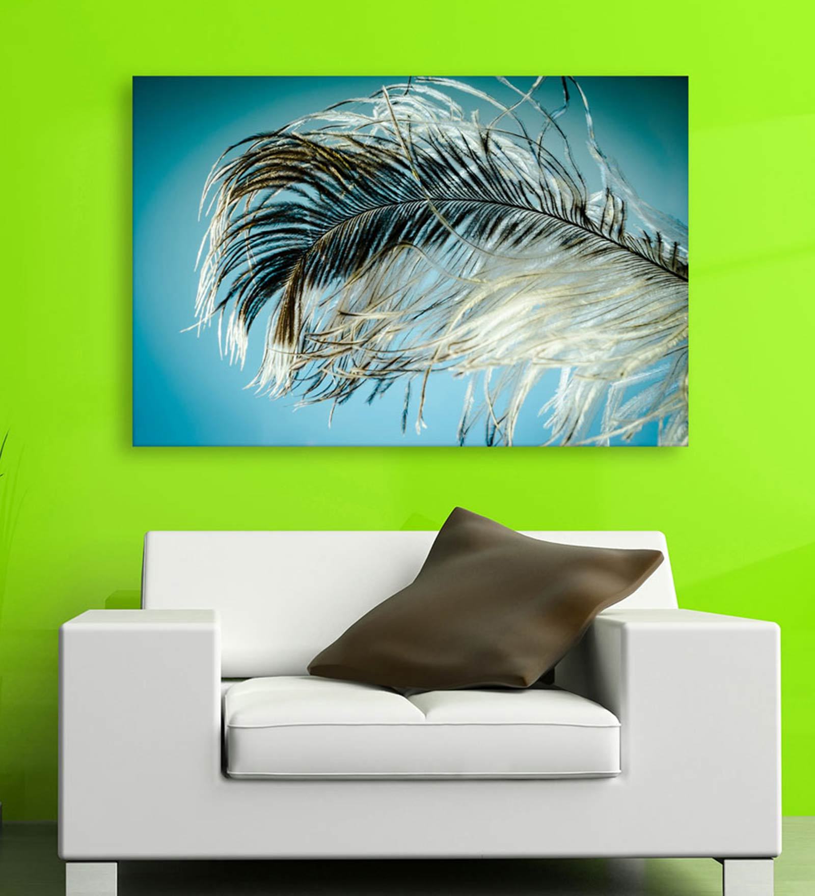 Peacock Leave In Blue Canvas Framed Art Print (33 x 21 Inches)