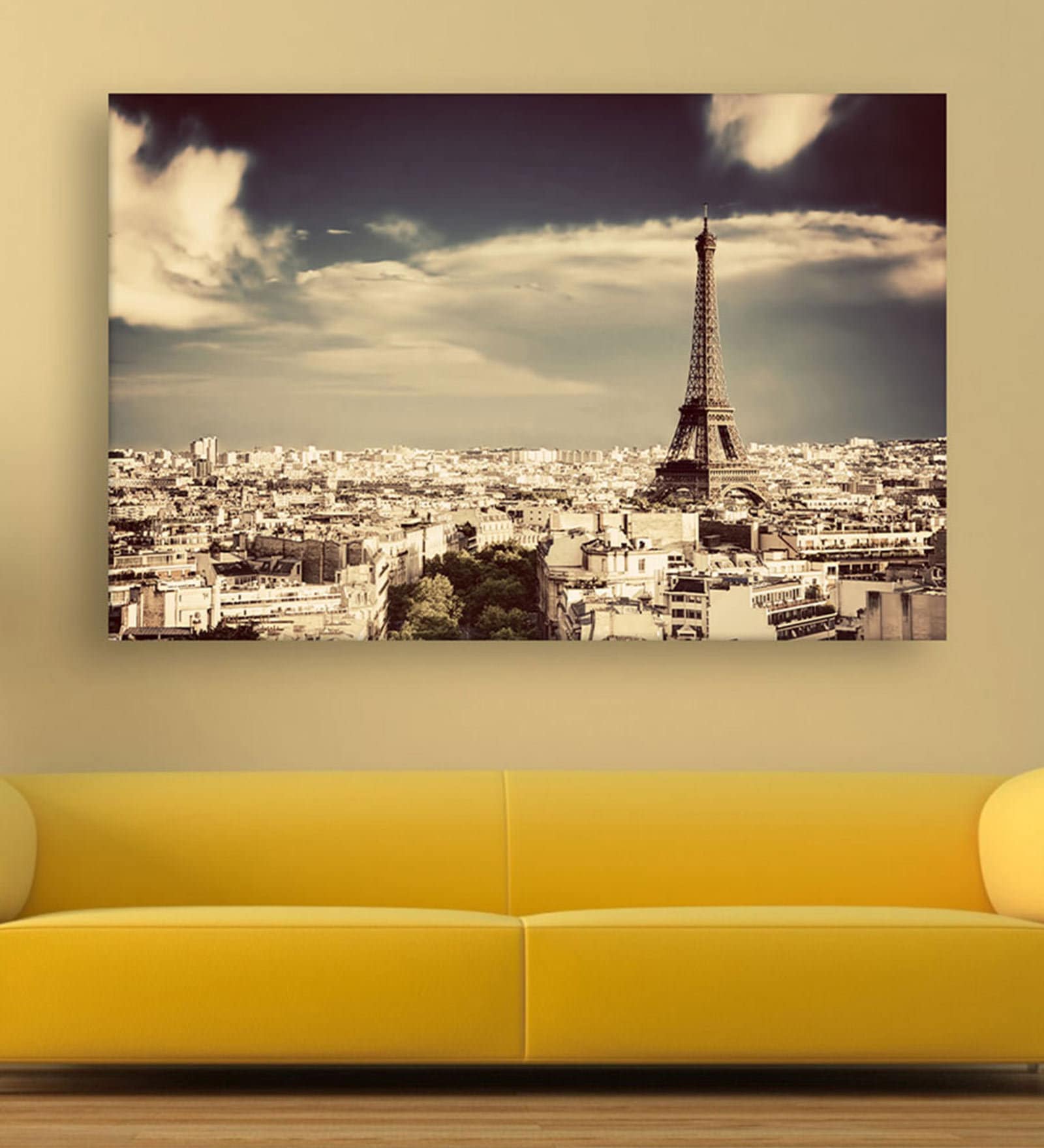 City Under Sky In White Canvas Framed Art Print (33 x 21 Inches)