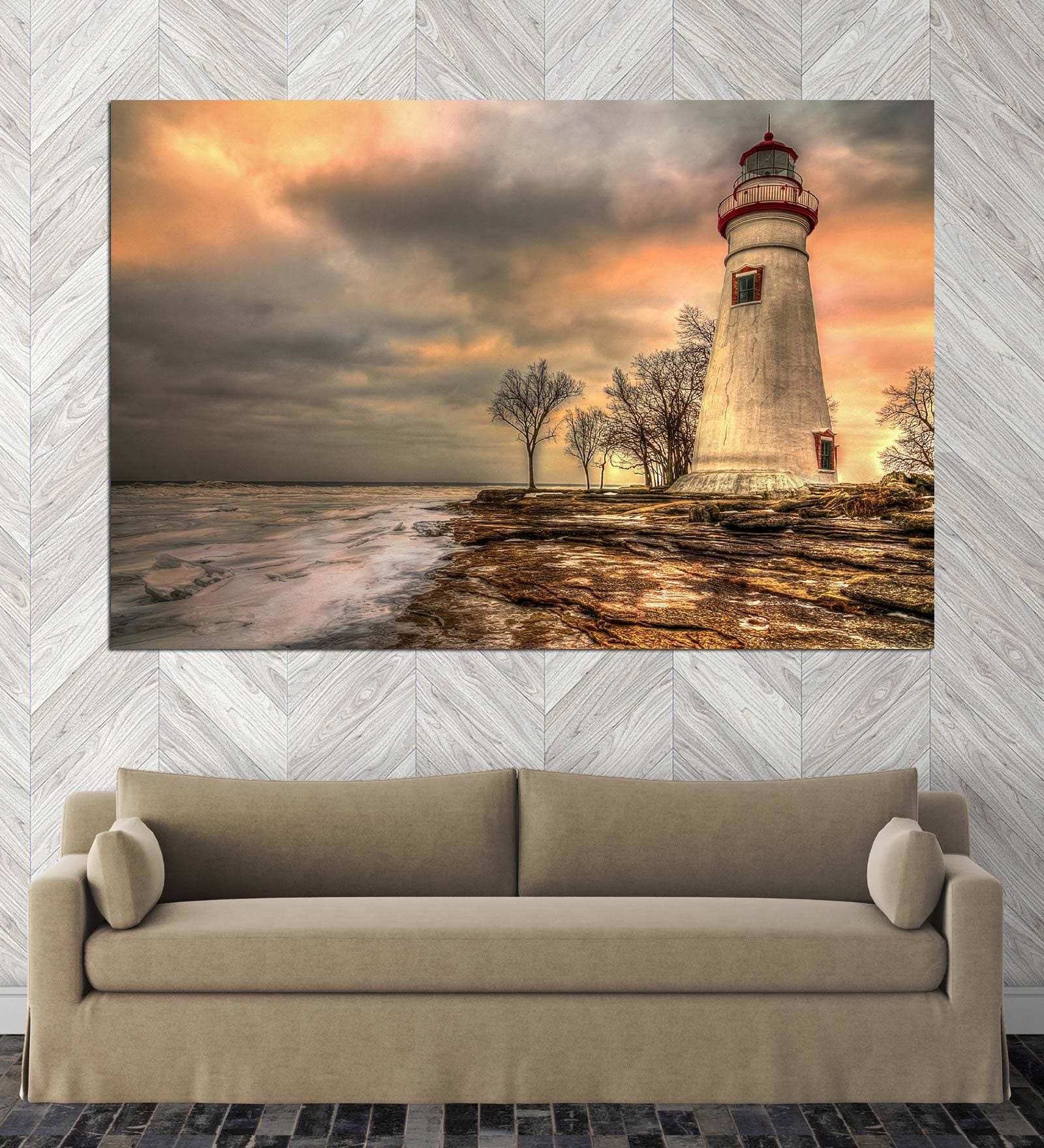 Light House In Red Canvas Framed Art Print (33 x 21 Inches)