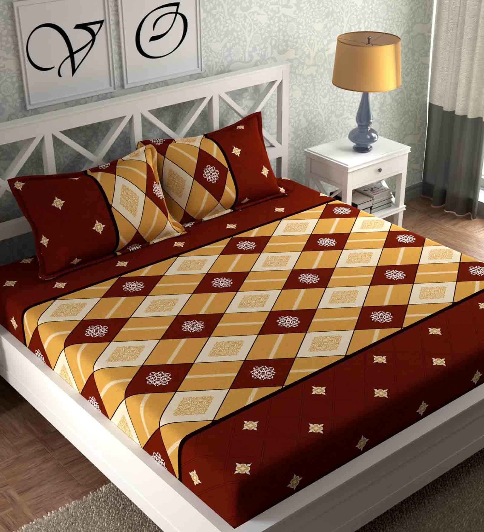 Red Geometric 180 TC Microfiber Queen Sized Bed Sheets with 2 Pillow Covers