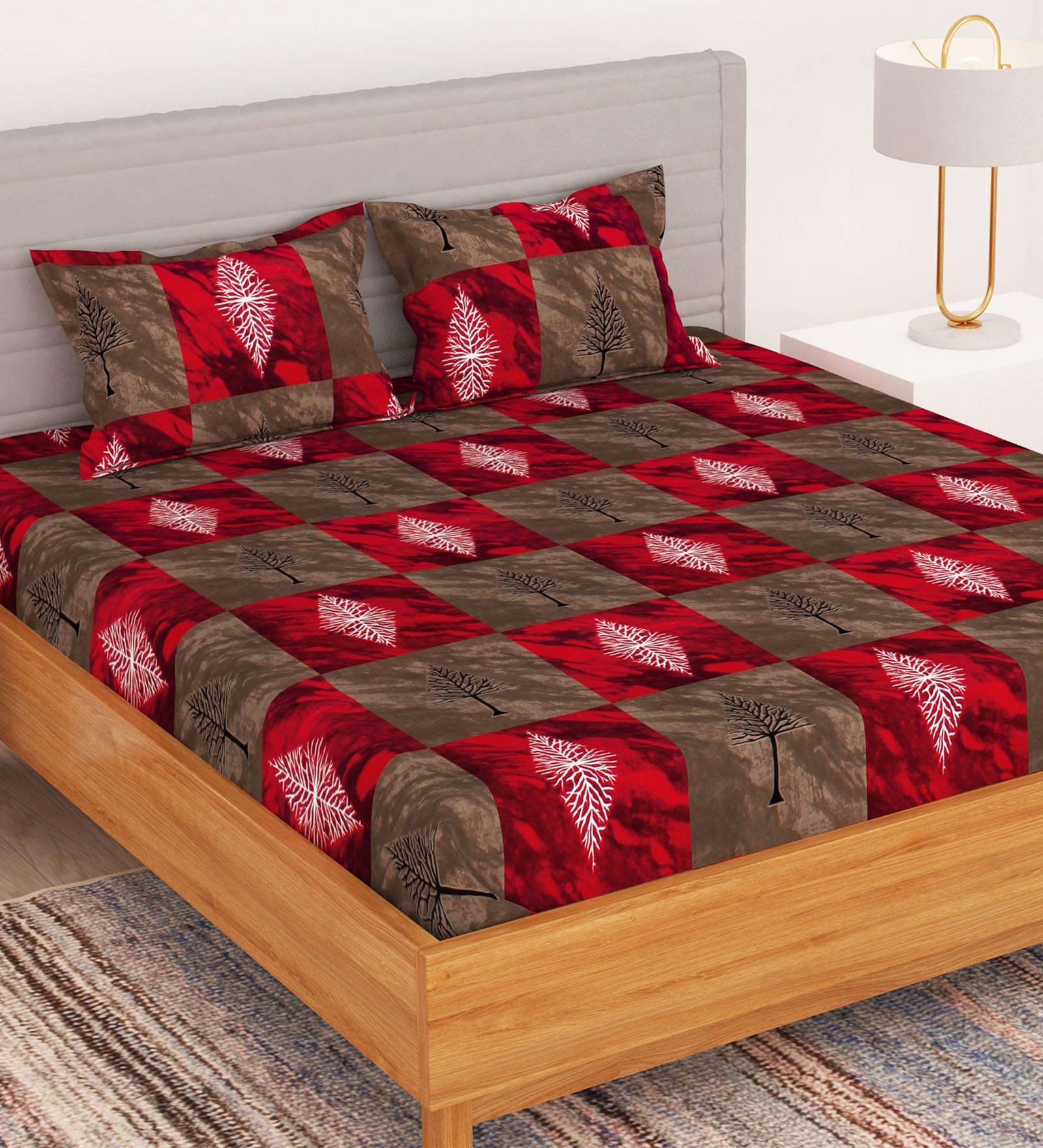 Buy Red Geometric 180 TC Microfiber Queen Size Bedsheet with 2 Pillow ...