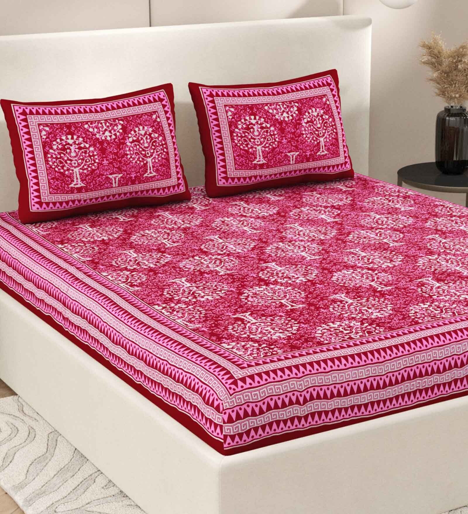 Pink Traditional 200 TC Cotton Double Queen Sized Bedsheet With 2 Pillow Covers