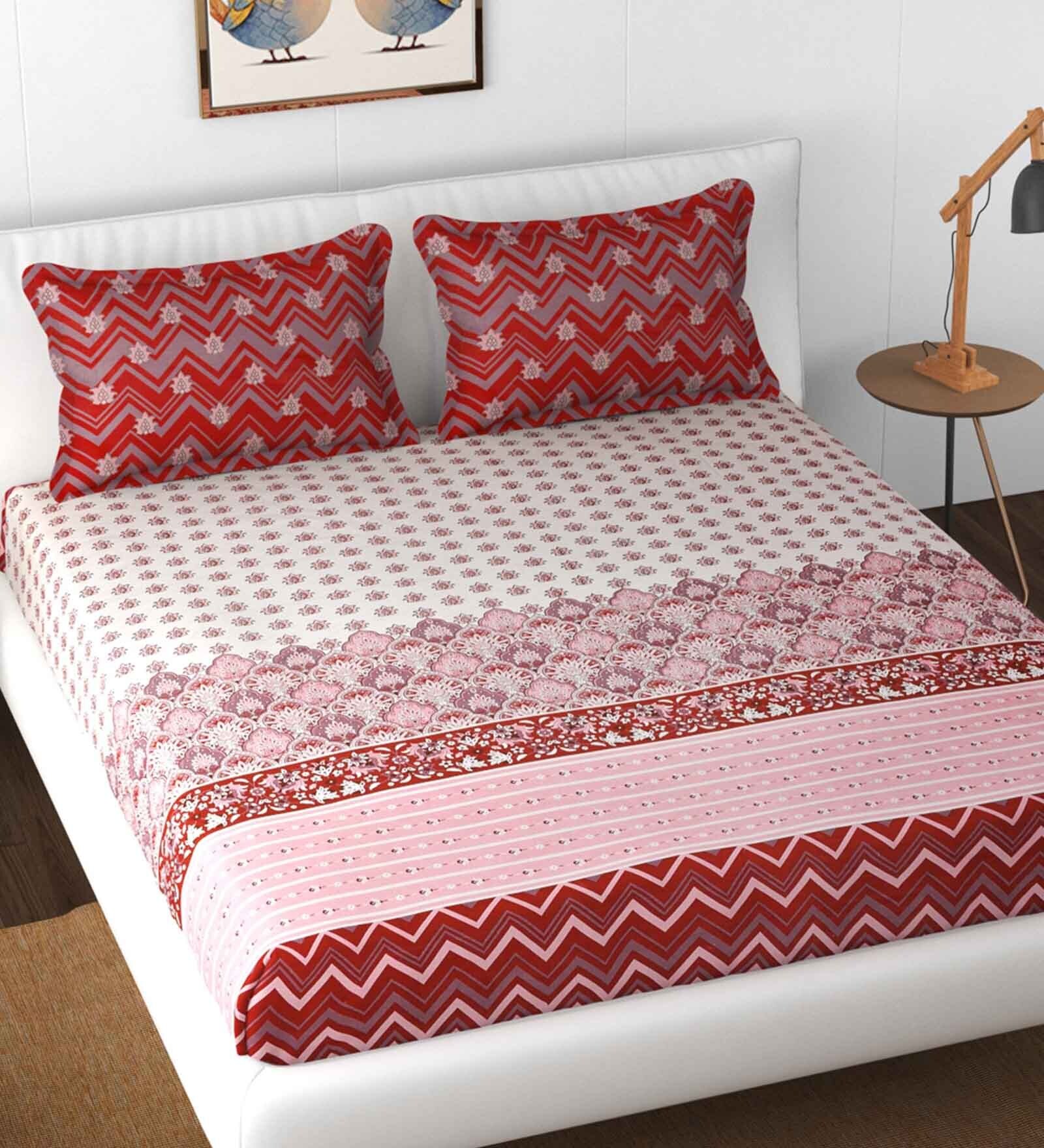 Buy Red Geometric 210 TC Cotton King Sized Fitted Bed Sheets with 2