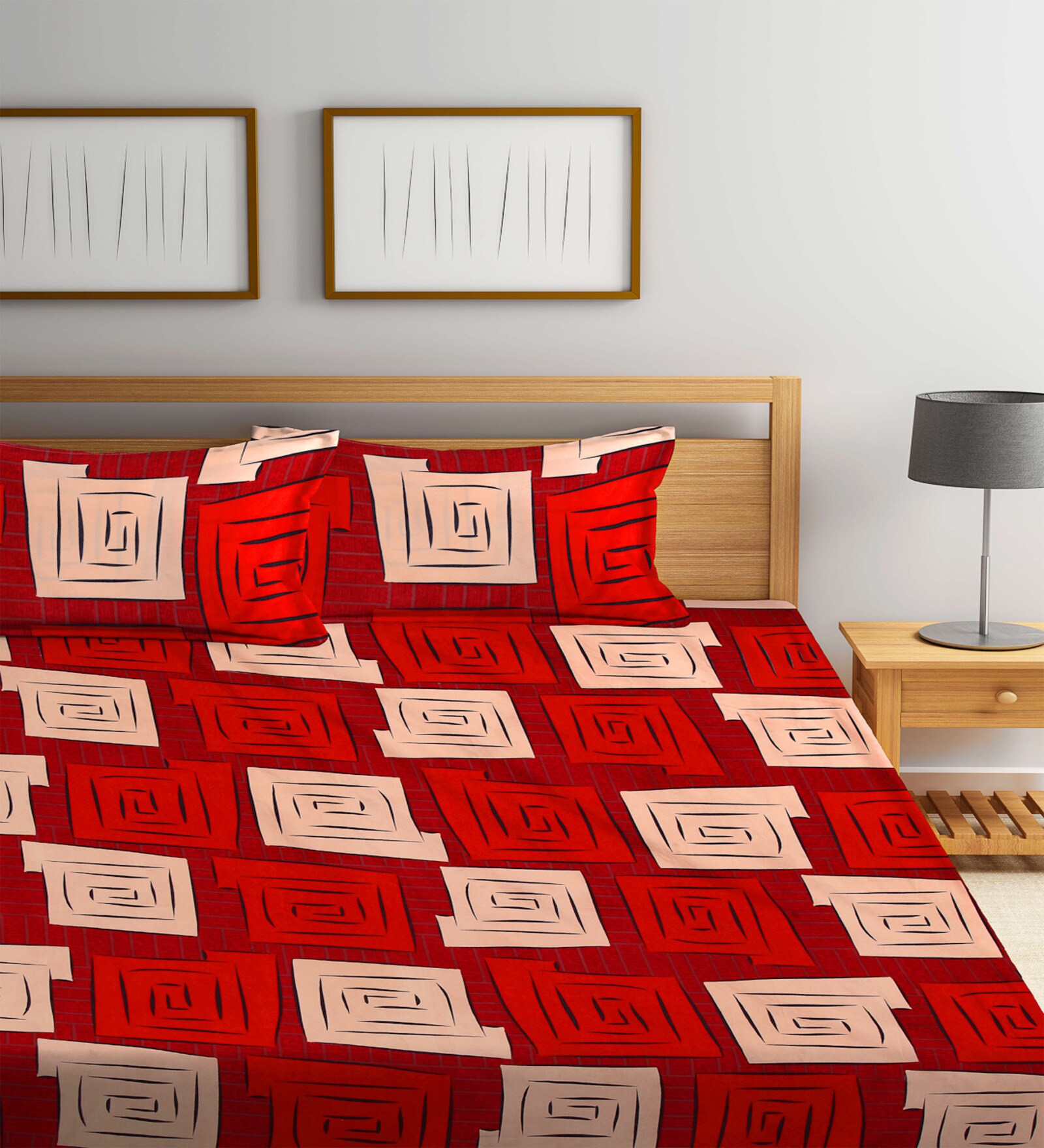 Buy Red Geometric 300 Tc Cotton Blend Double King Sized Bedsheet With 2