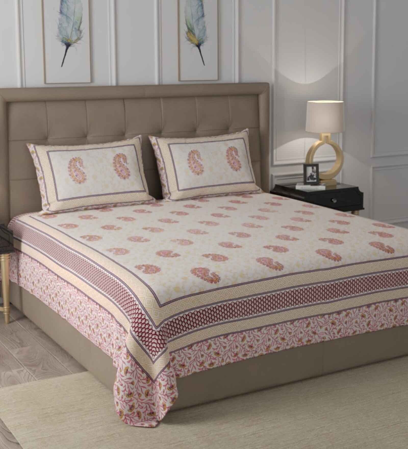 Red Traditional 600 TC Cotton Double King Sized Bedsheet With 2 Pillow Covers