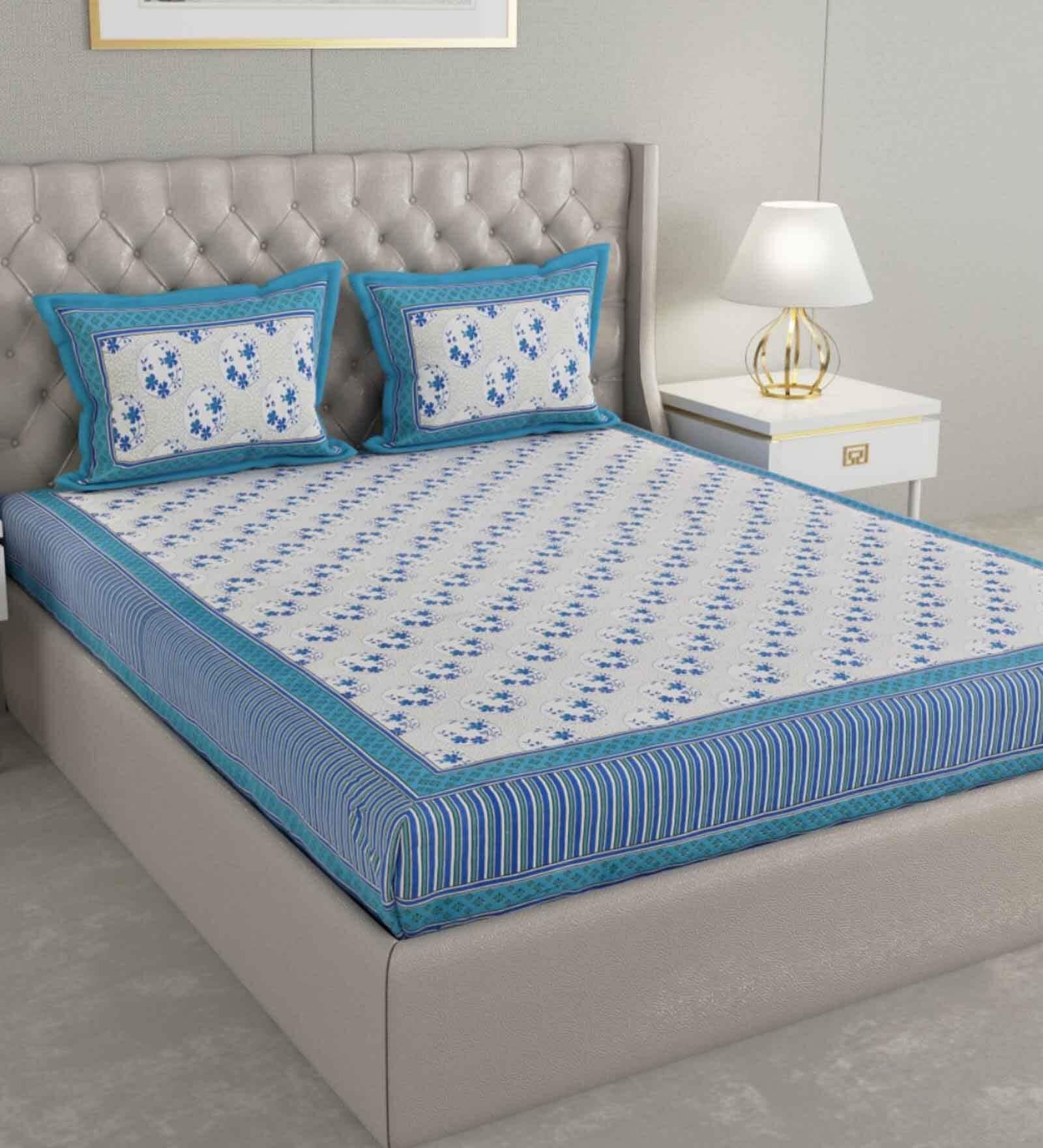 Blue Floral 600 TC Cotton Double King Sized Bedsheet With 2 Pillow Covers