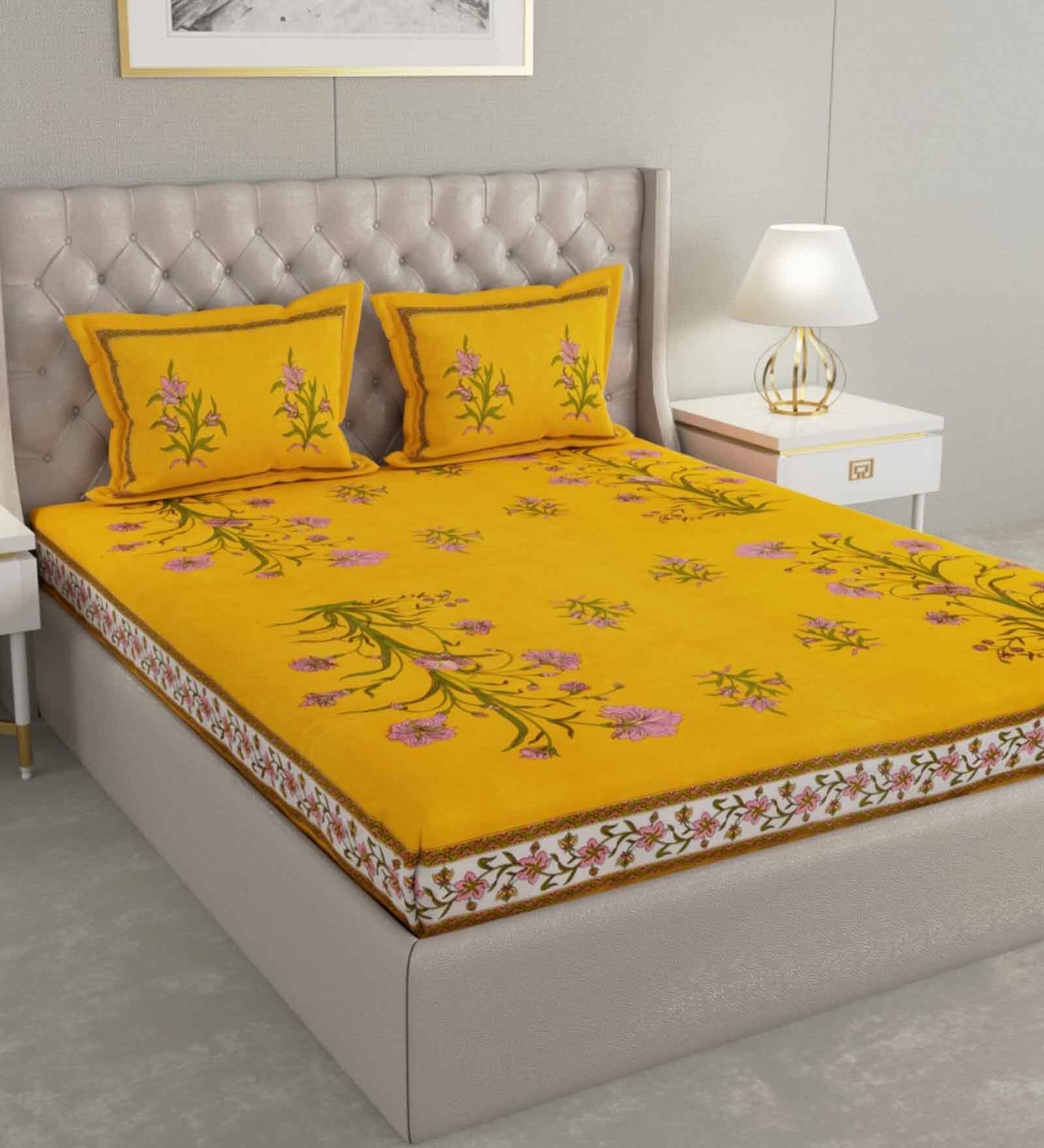 Buy Yellow Floral 600 Tc Cotton Double King Sized Bedsheet With 2