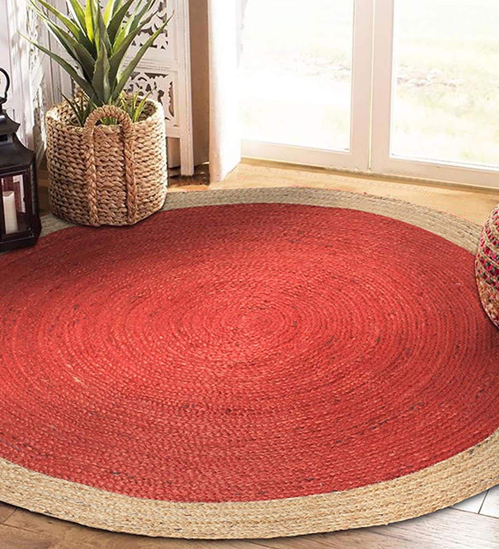 Red Geometric Jute 3 ft x 3 ft Hand Woven Carpet
