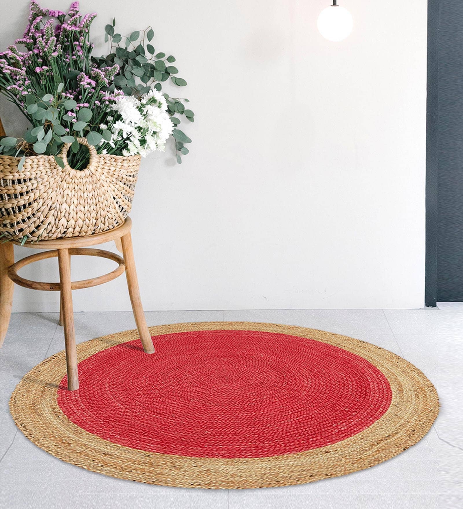Red Geometric Jute 5 ft x 5 ft Hand Woven Carpet