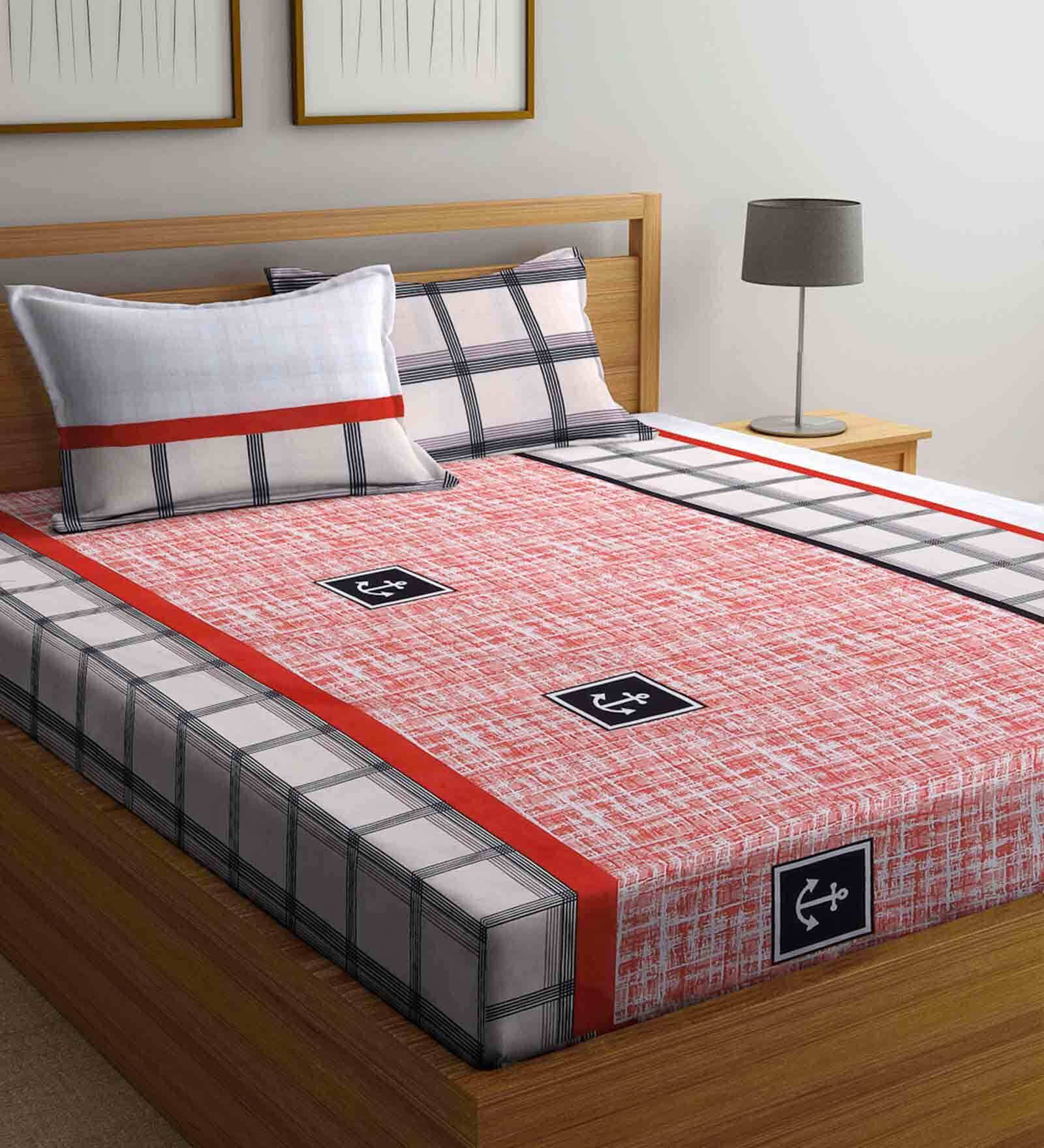 Buy Red Checkered 210 Tc Poly Cotton Queen Sized Bed Sheets With 2