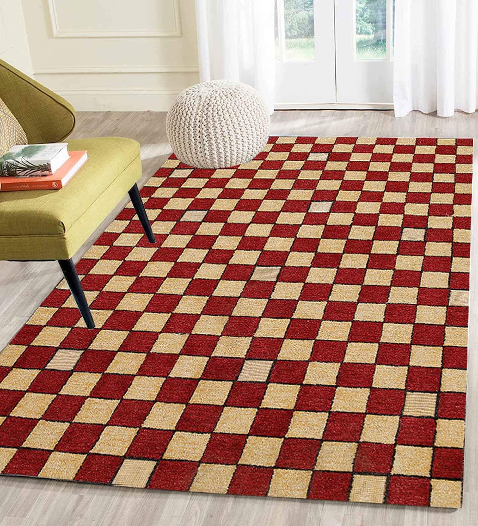 Red Geometrical Wool 5 ft x 7 ft Hand Tufted Carpet