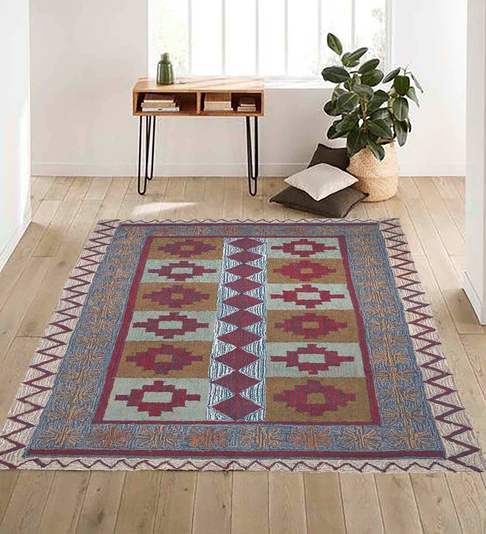 Multicolor Geometrical Wool and Cotton 5 x 8 Feet Hand tufted Carpet