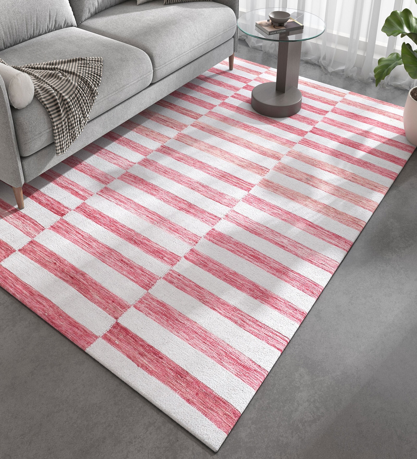 Red Geometrical Wool and Viscose 5 ft X 8 ft Flat Weaves