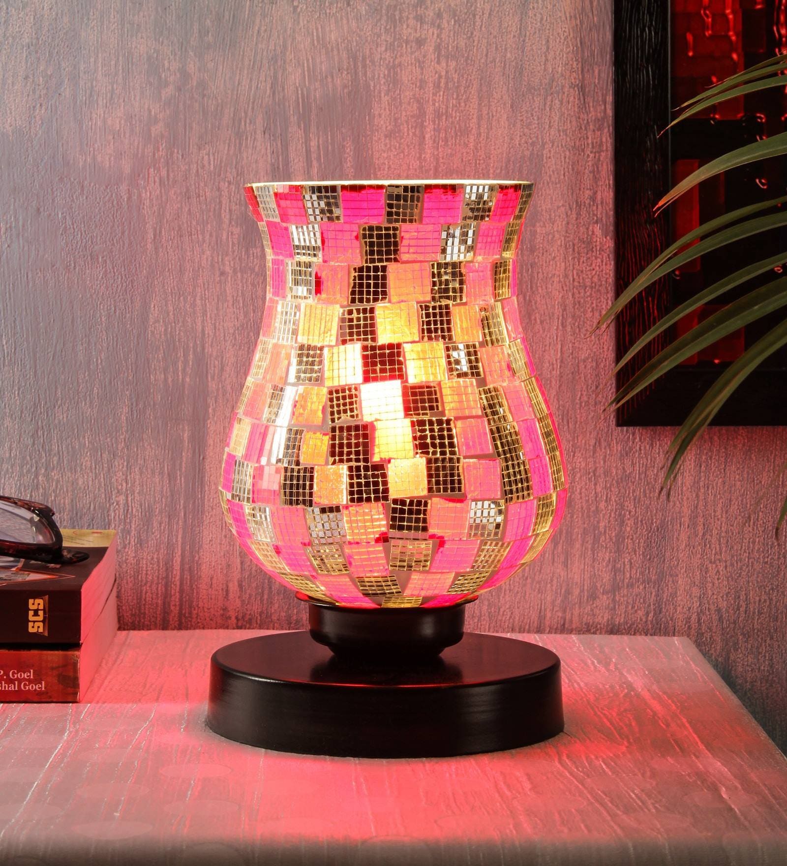 Red Glass Shade Table Lamp with Black Base