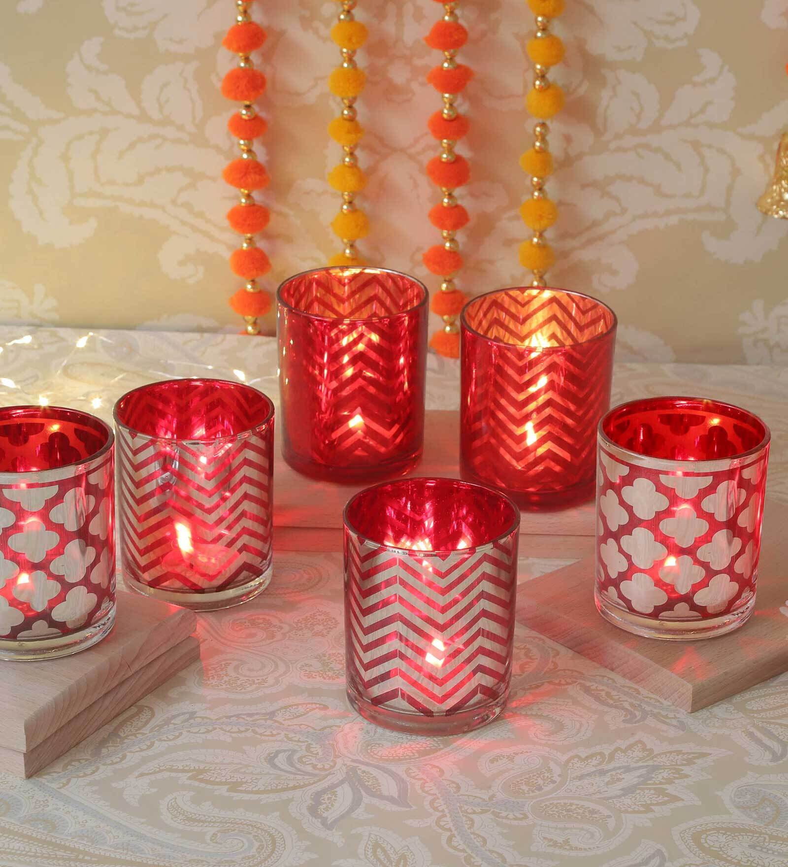 Set Of 6 Votive Red Glass Candle Holder With Tealight