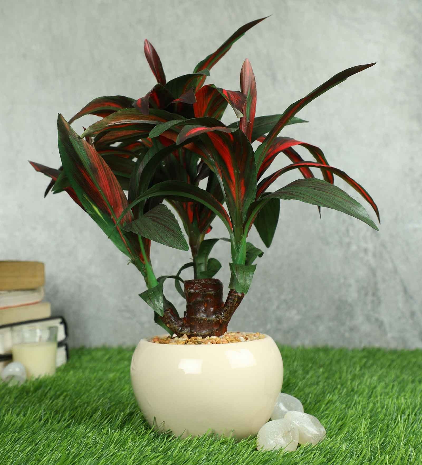 Red Green Pvc Refreshing Artificial Bonsai With White Ceramic Pot