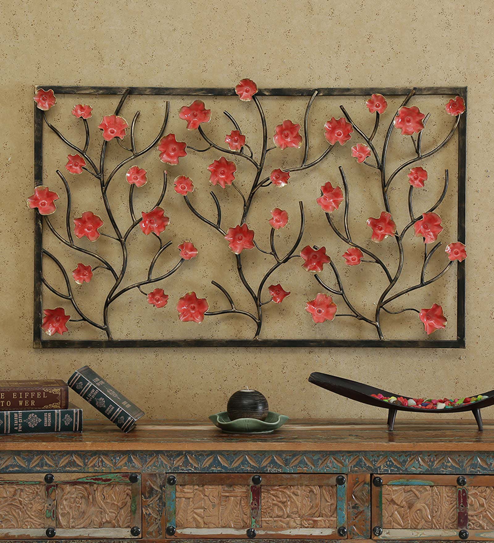 Wrought Iron Leaf Panel In Red Wall Art