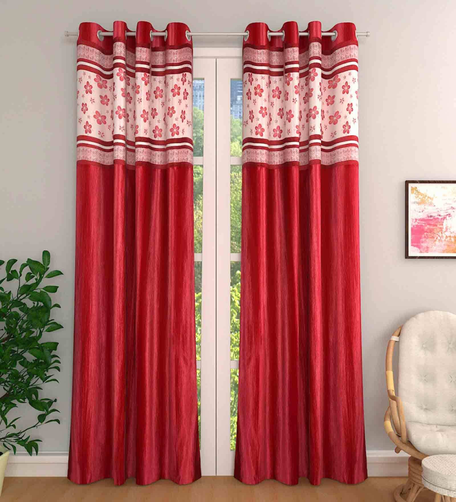 Red Jacquard Floral 9FT Light Filtering Eyelet Long Door Curtains (Pack of 2)