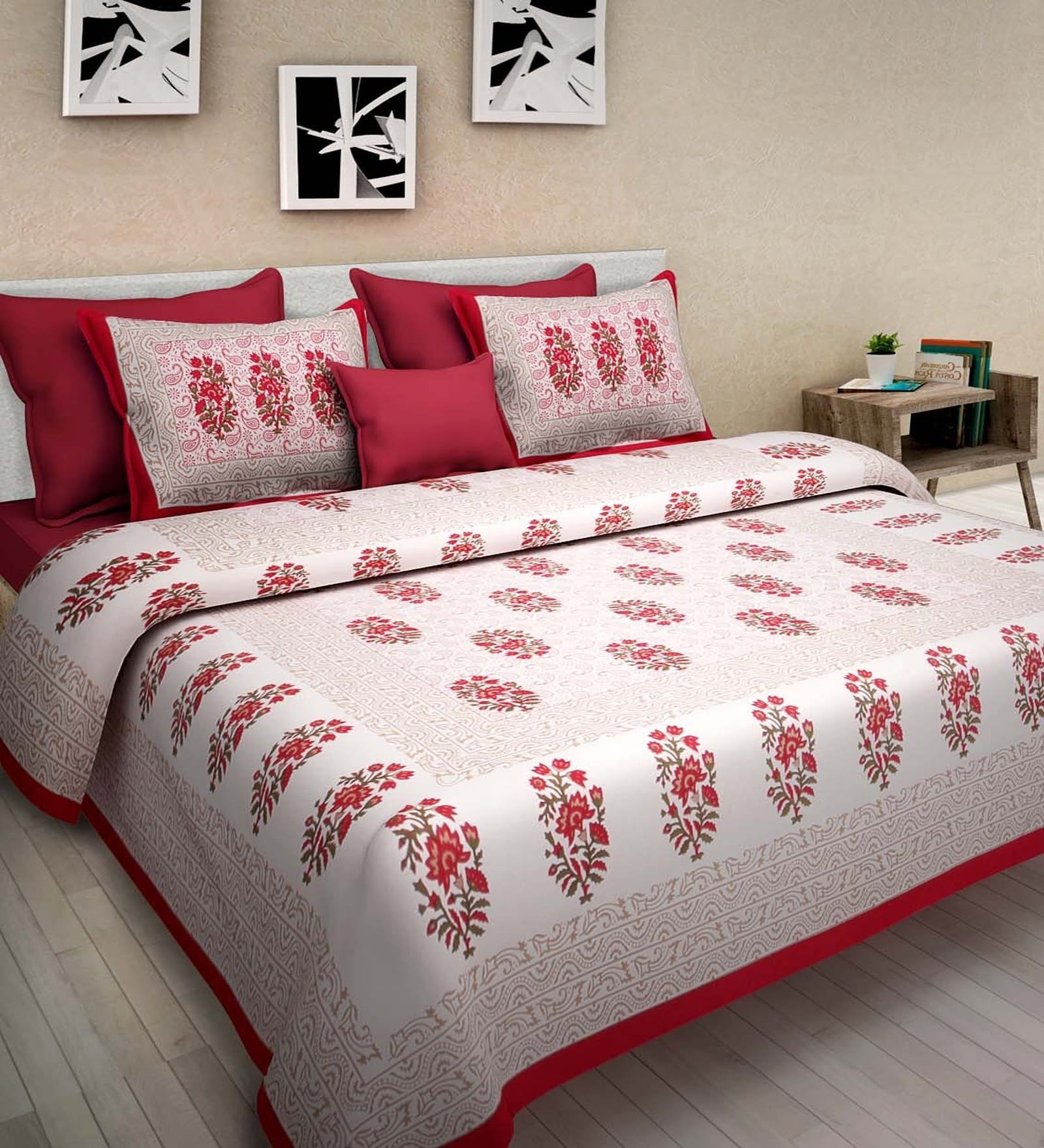 Red Floral 120 TC Cotton Queen Sized Bedsheet with 2 Pillow Cover