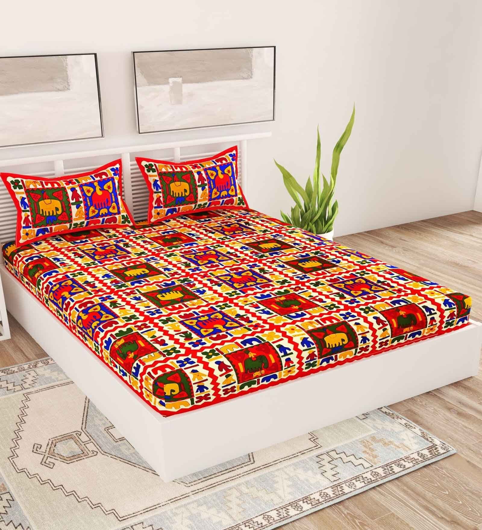 Multicolor Traditional 120 TC Cotton Queen Sized Bedsheet with 2 Pillow Cover