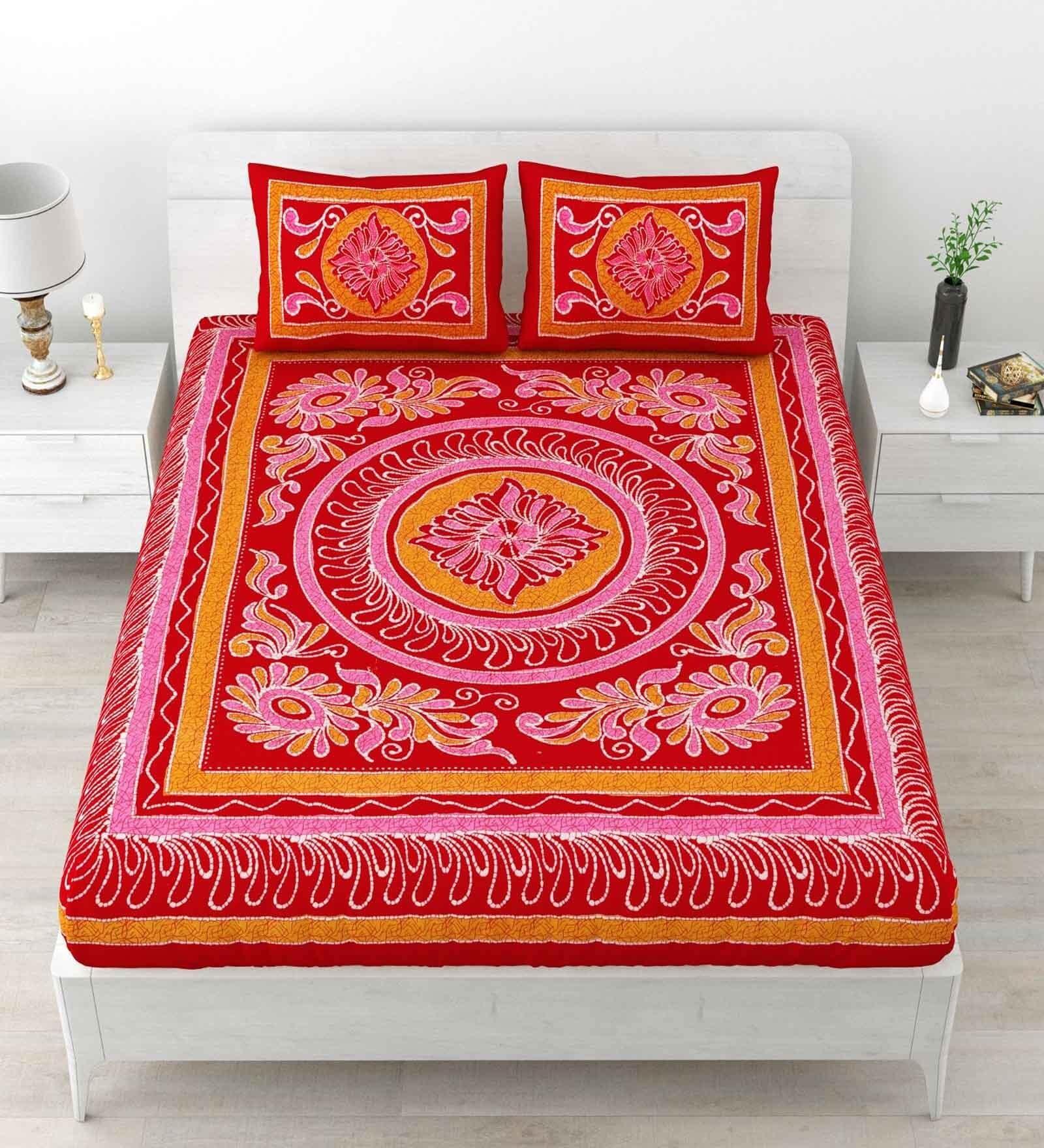 Red Traditional 120 TC Cotton Queen Sized Bedsheet with 2 Pillow Cover