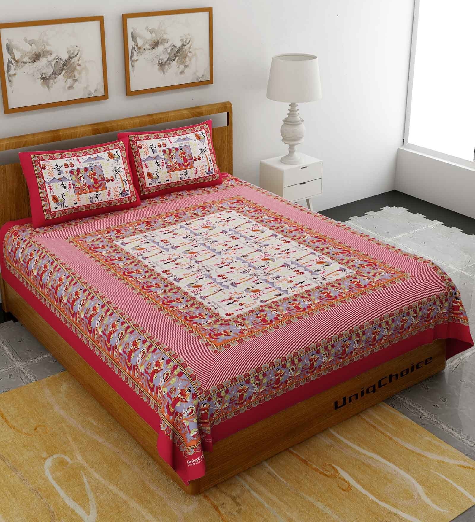 Red Abstract 120 TC Cotton Queen Sized Bedsheet with 2 Pillow Cover