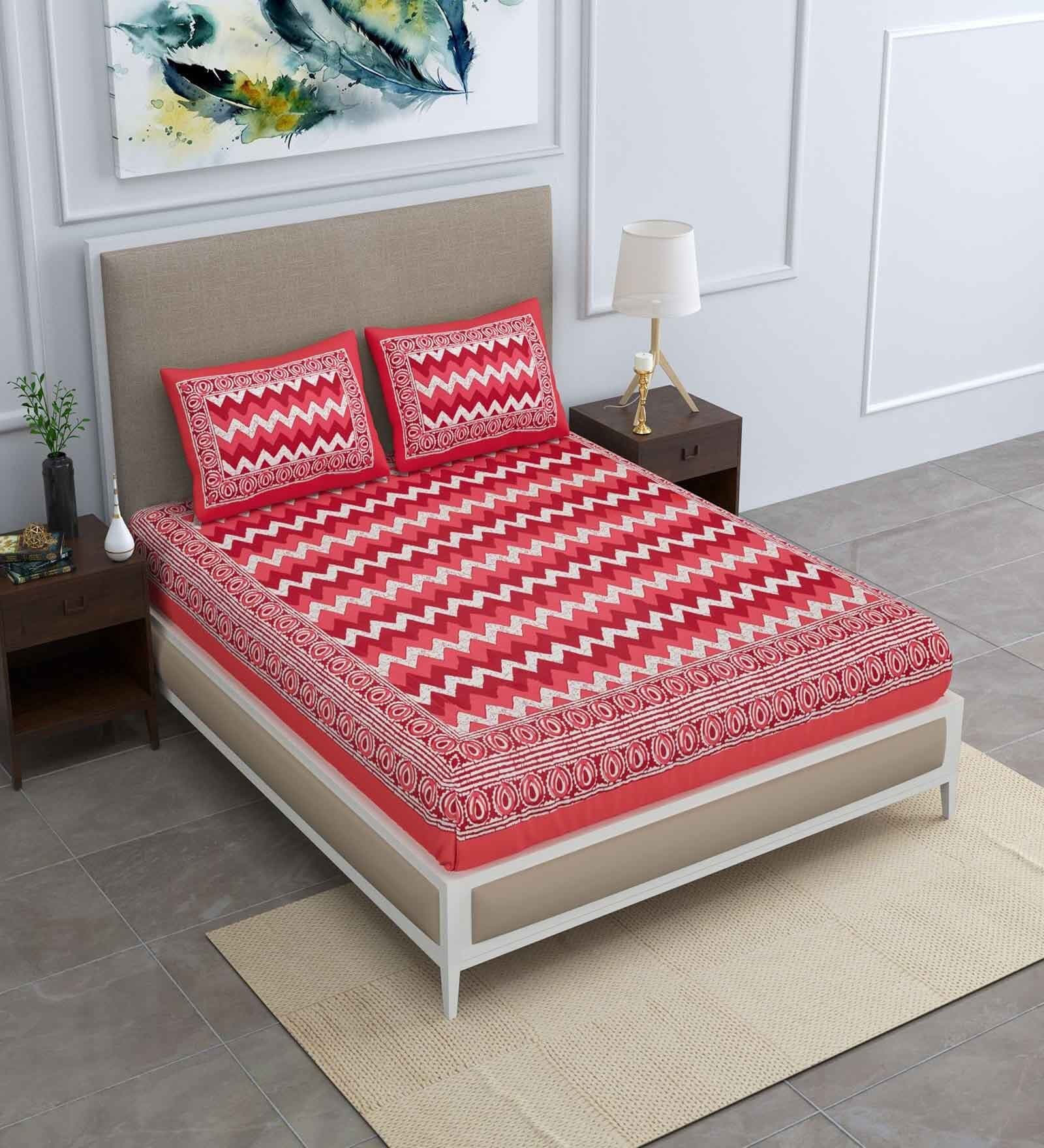 Red Abstract 120 TC Cotton Queen Sized Bedsheet with 2 Pillow Cover