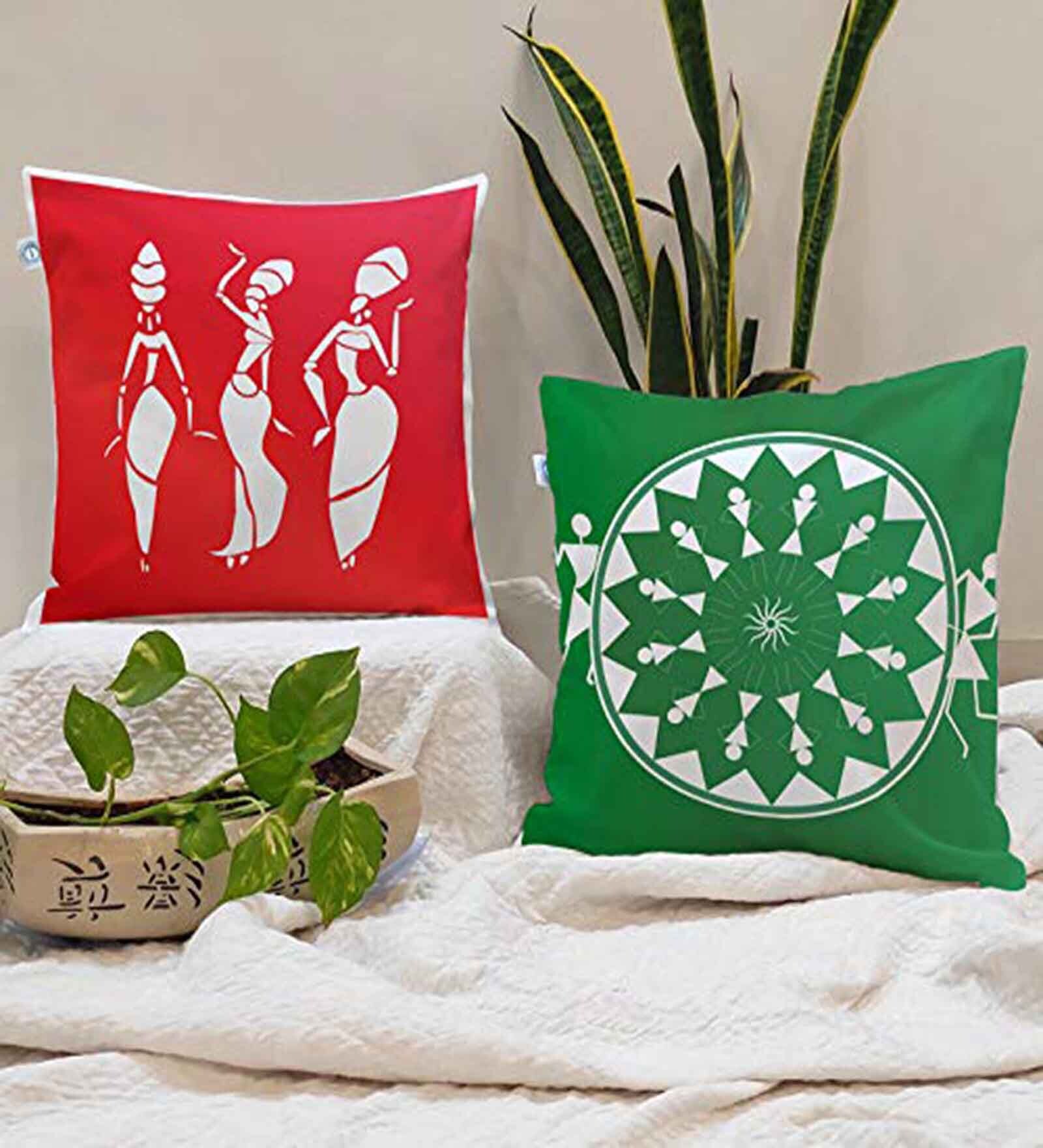Red and Green Jute Abstract 16x16 inches Cushion Covers (Pack of 2)