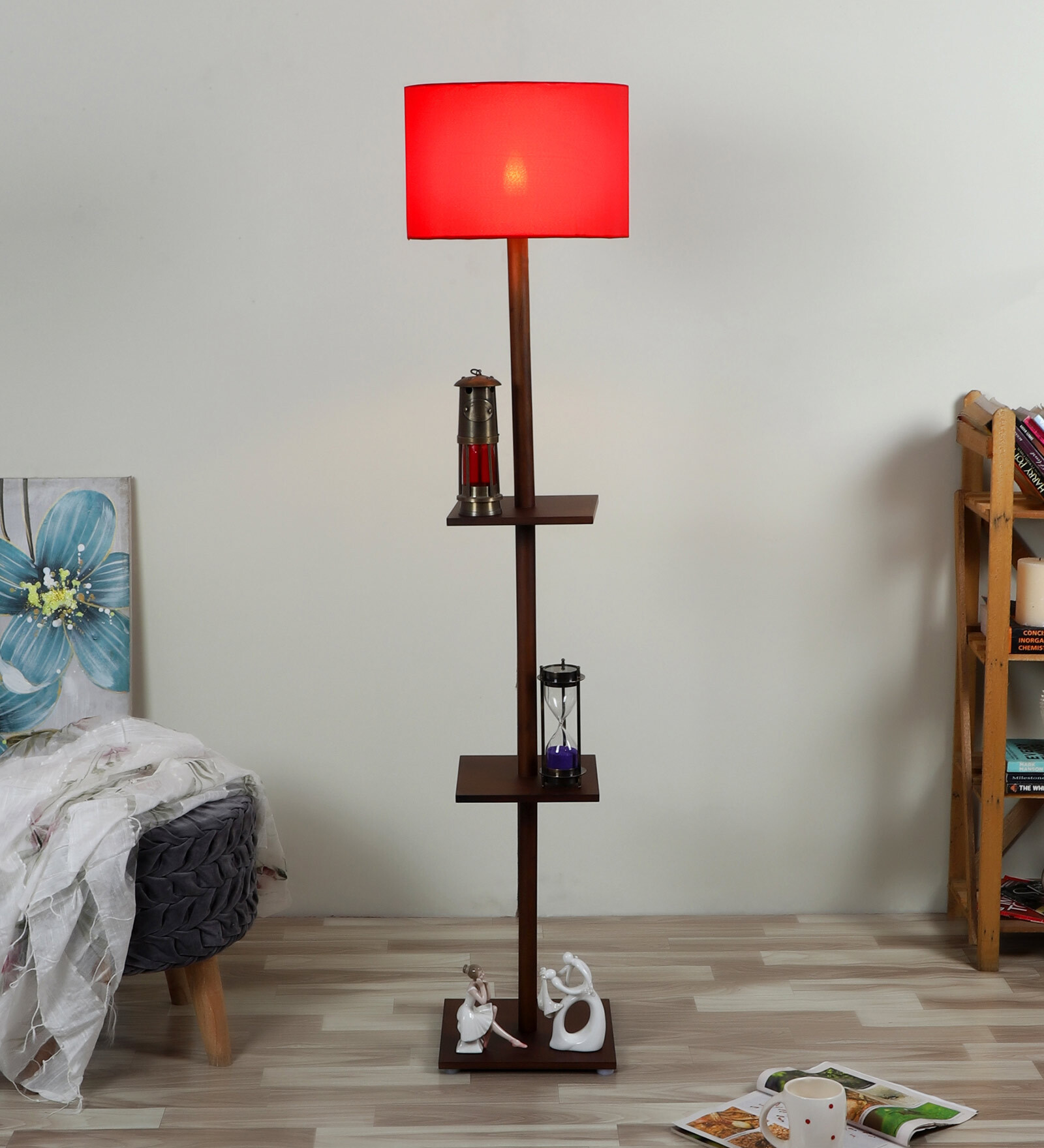 Red Jute Shade Shelf Floor Lamp with Walnut Base