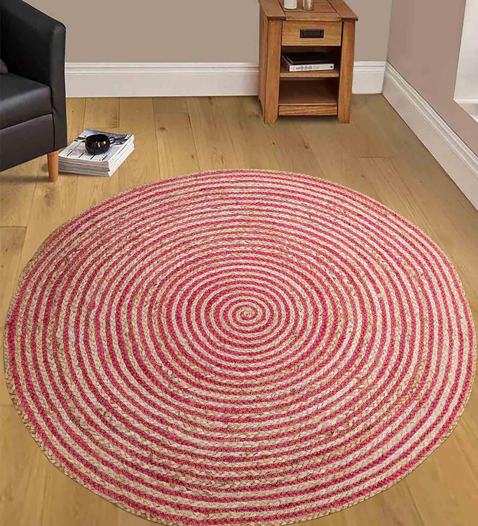 Red Geometric Jute 3 ft x 3 ft Hand Woven Round Carpet