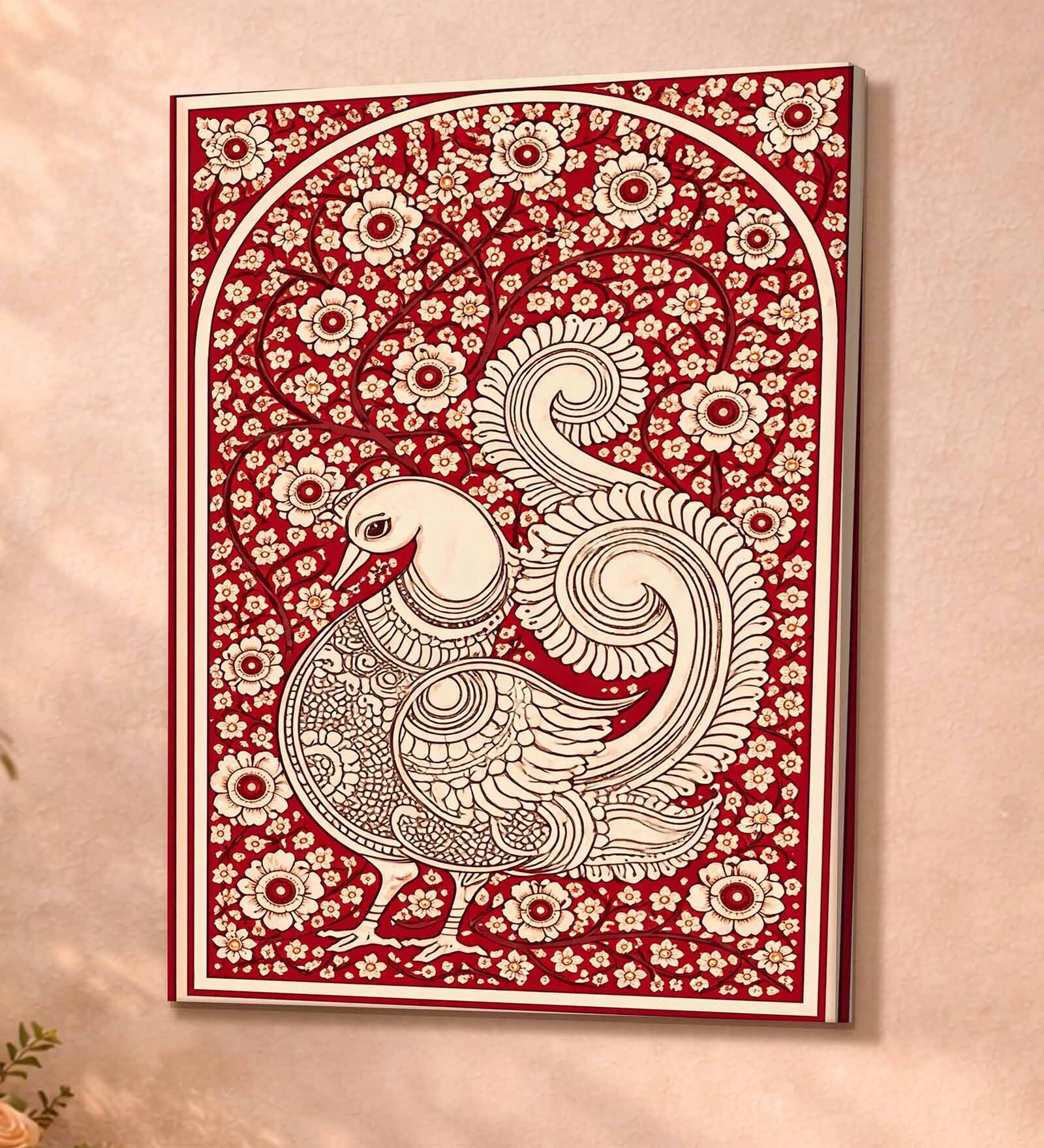 Red Kalamkari Peacock Stretched Canvas Painting