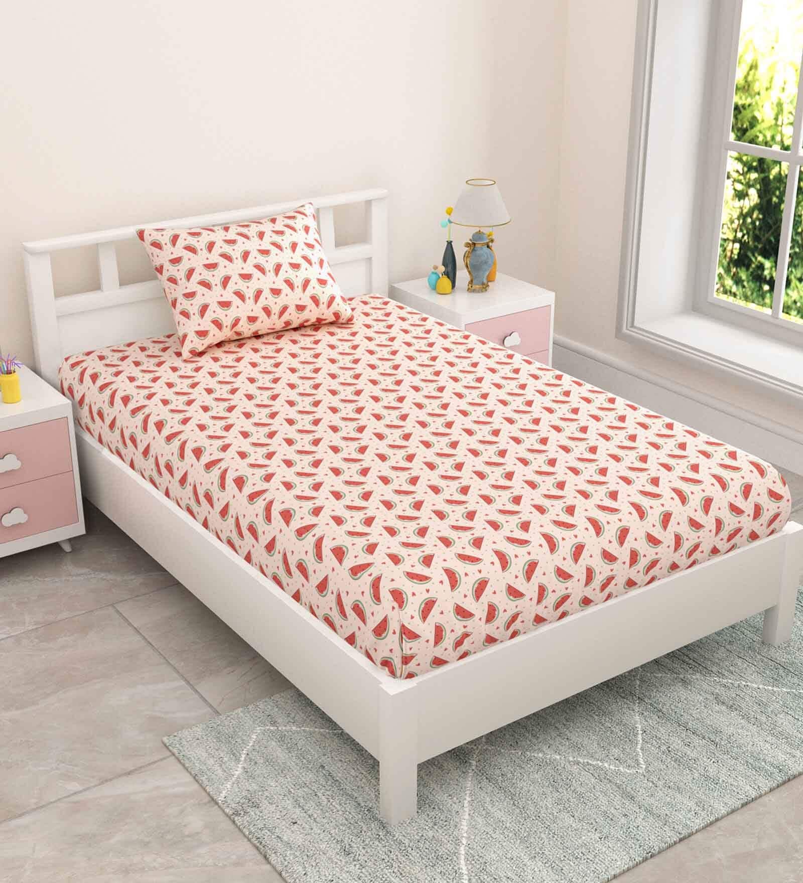 Red Kids 144 TC Character Kids Single Bedsheet With 1 Pillow Cover