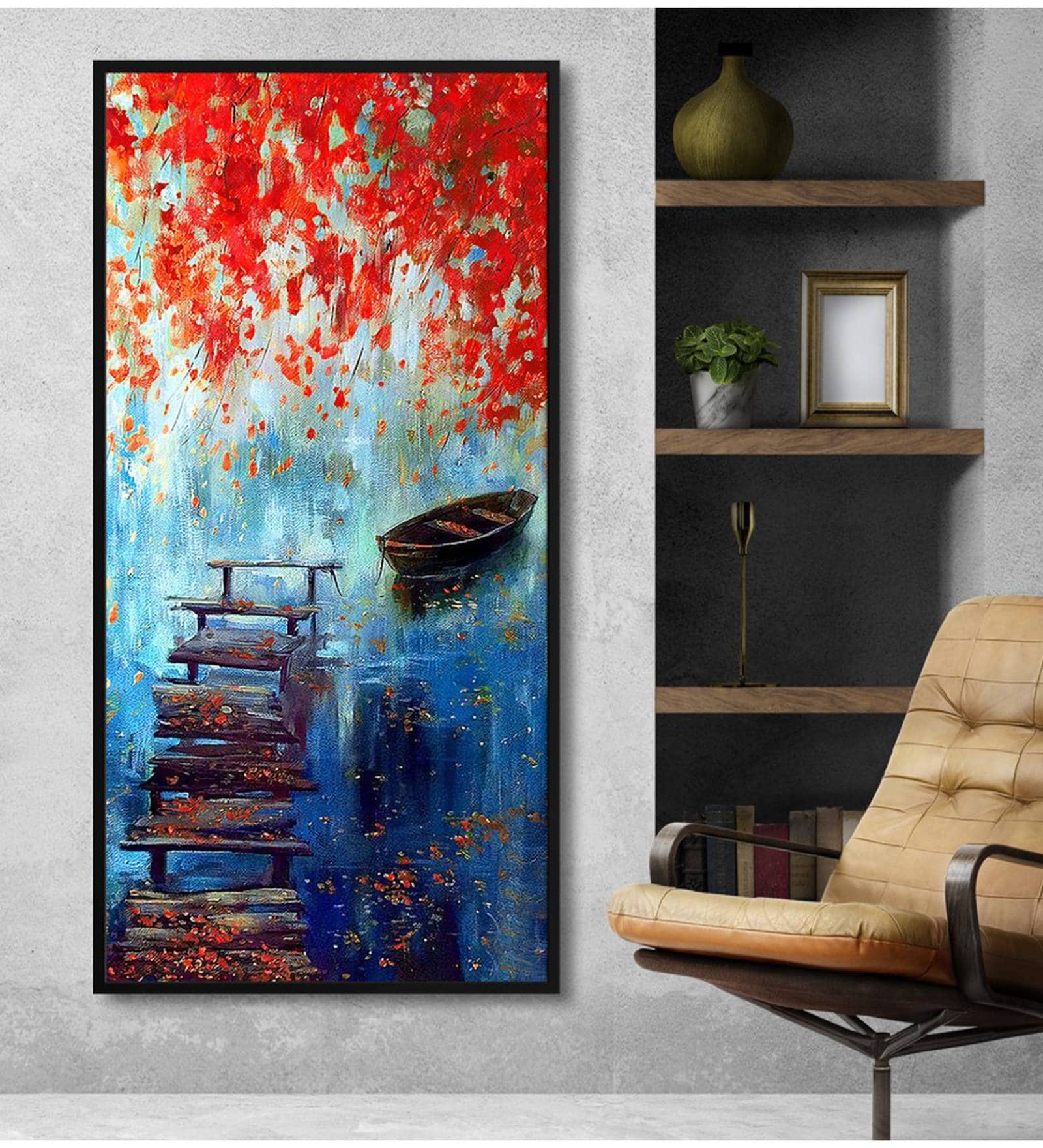 Red Leaf With Stairs And Boat In Lake Modern Art Canvas Long Big Prints